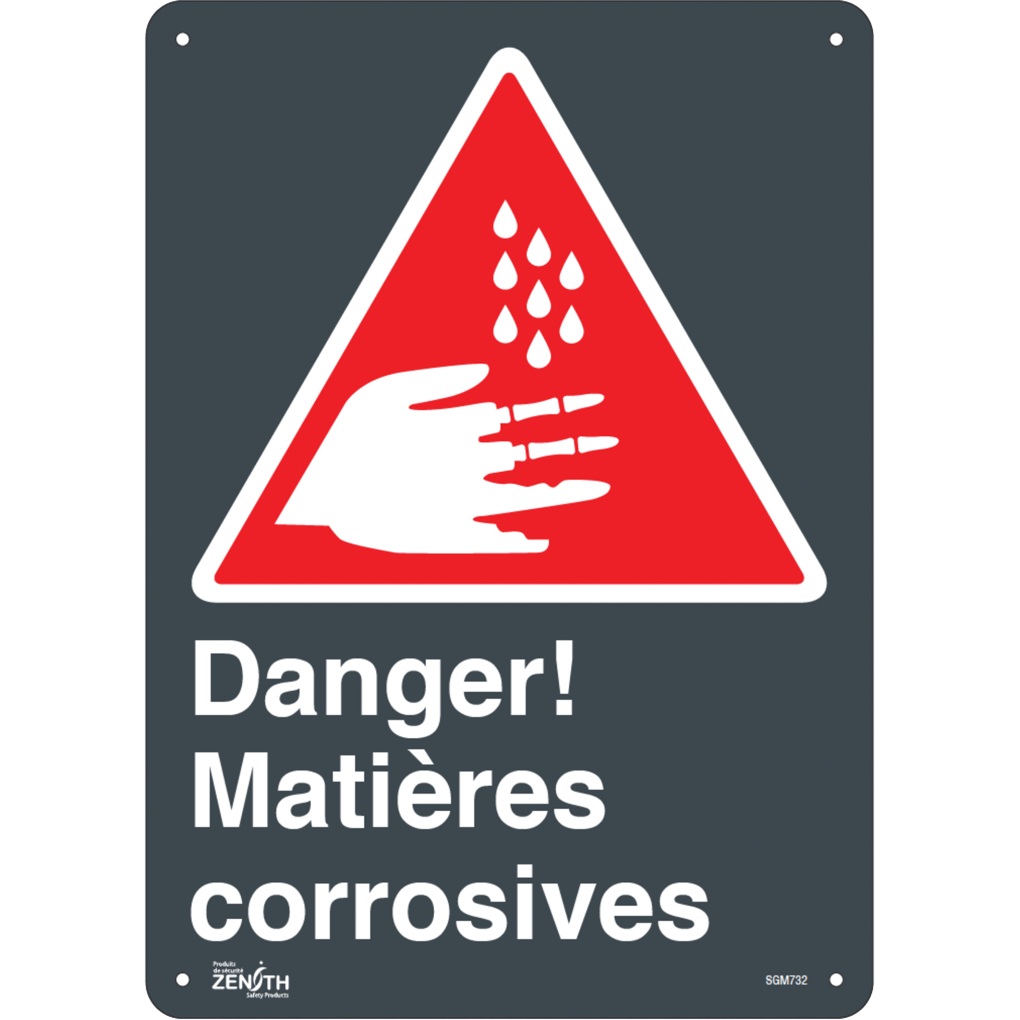 Enseigne «Matières Corrosives», 14" x 10", Aluminium, Français avec pictogramme