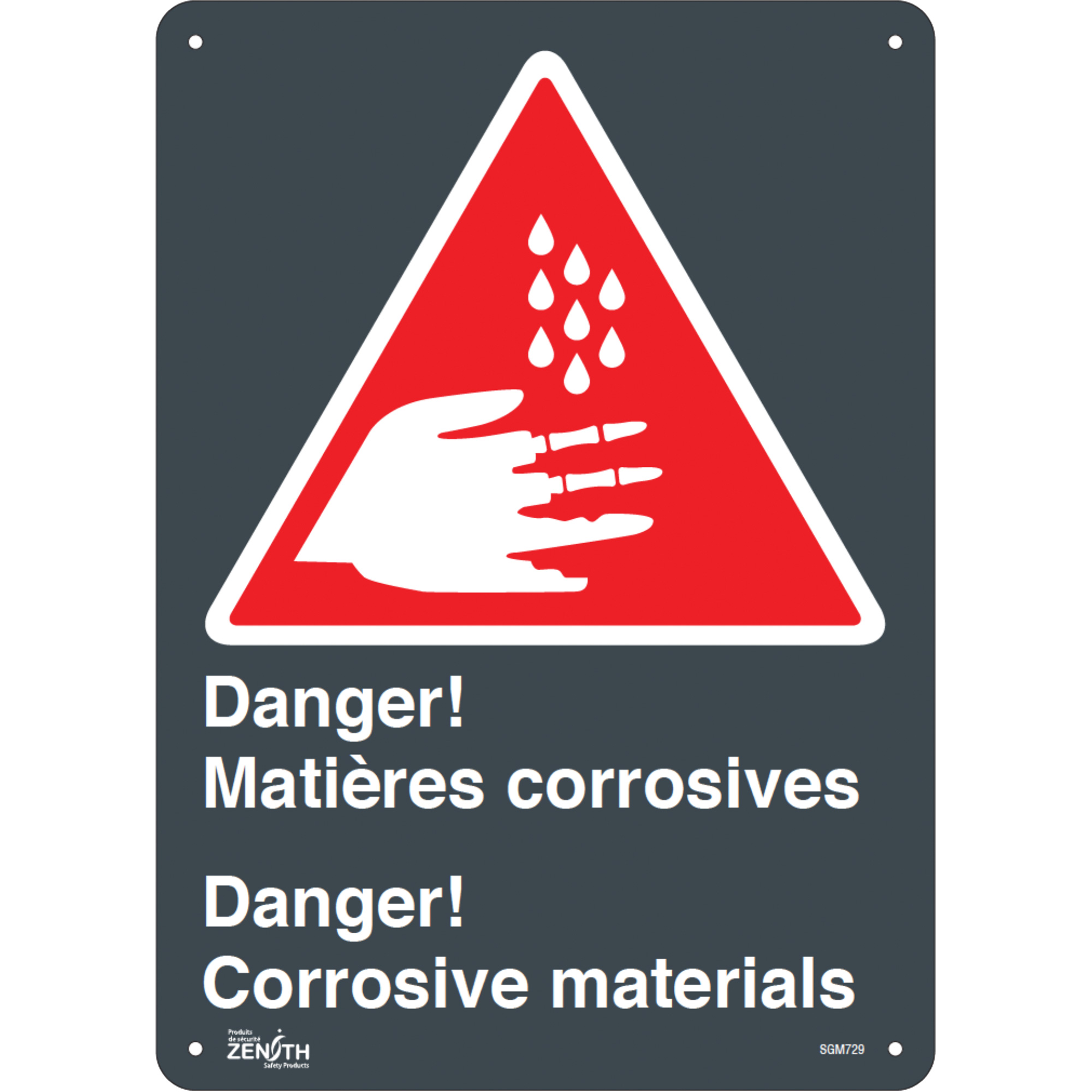Enseigne «Matières Corrosives/Corrosive Materials», 14" x 10", Aluminium, Bilingue avec pictogramme