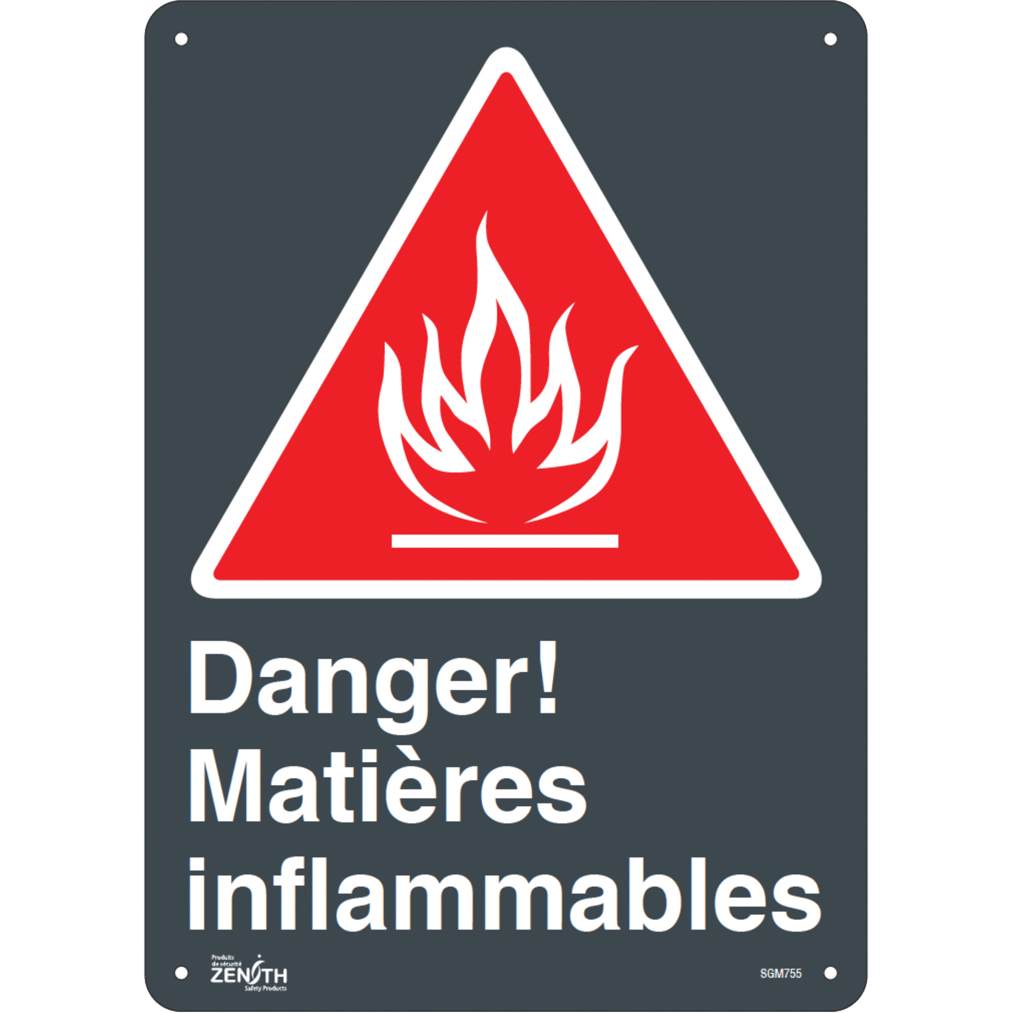 Enseigne «Matières Inflammables», 14" x 10", Plastique, Français avec pictogramme