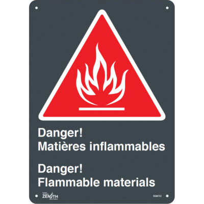Enseigne «Matières Inflammables/Flammable Materials», 14" x 10", Aluminium, Bilingue avec pictogramme