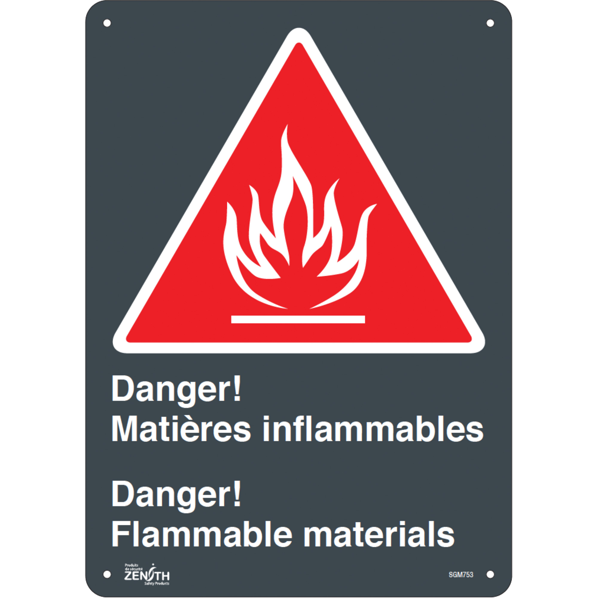 Enseigne «Matières Inflammables/Flammable Materials», 14" x 10", Aluminium, Bilingue avec pictogramme