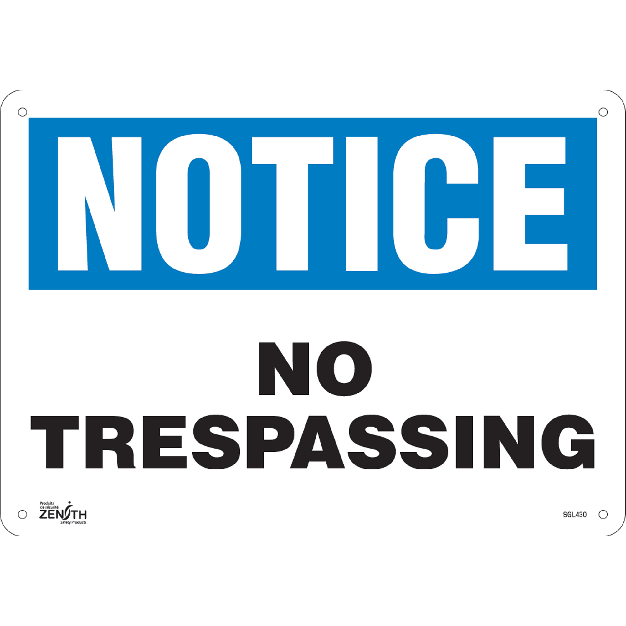 Enseigne «No Trespassing», 10" x 14", Aluminium, Anglais