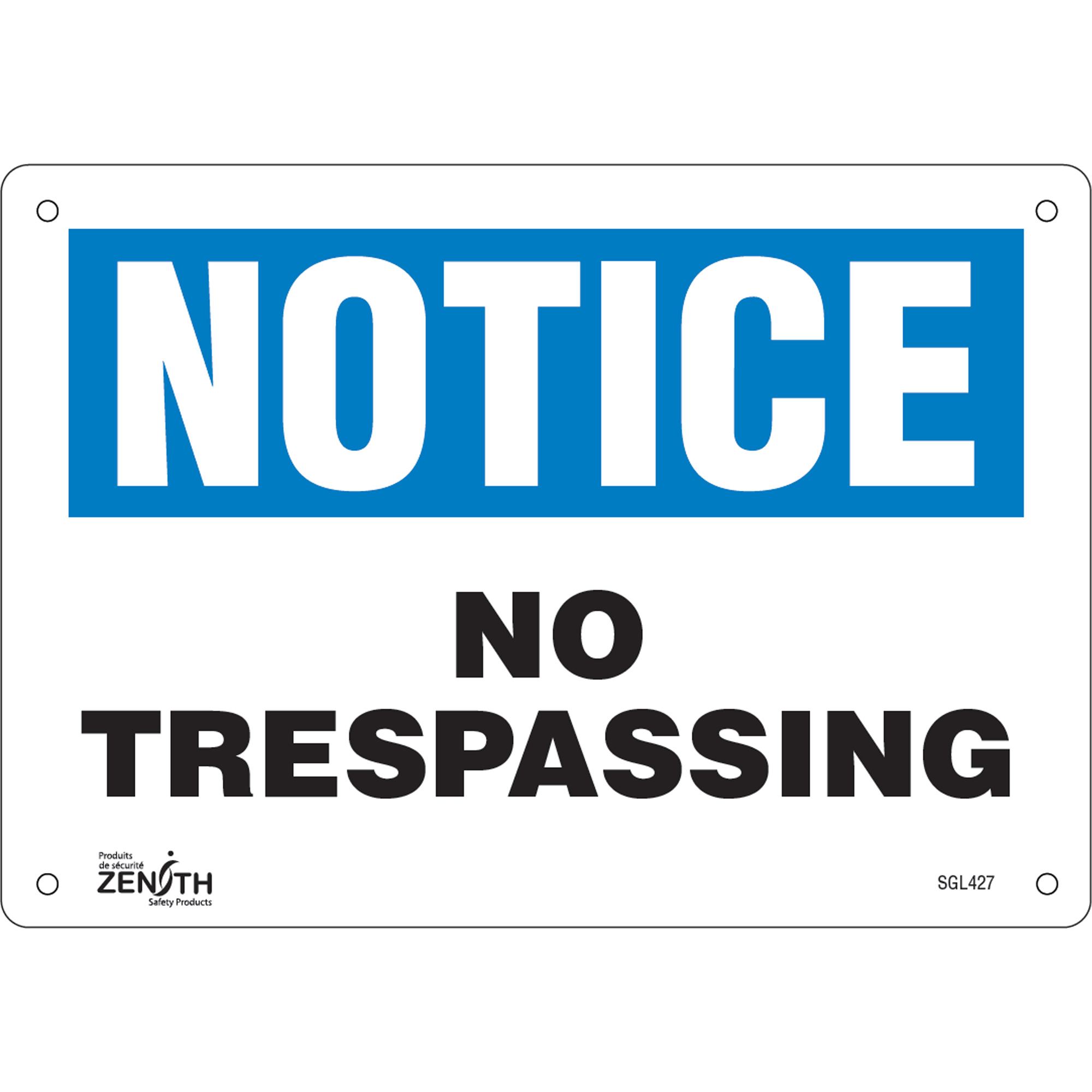 Enseigne «No Trespassing», 7" x 10", Aluminium, Anglais