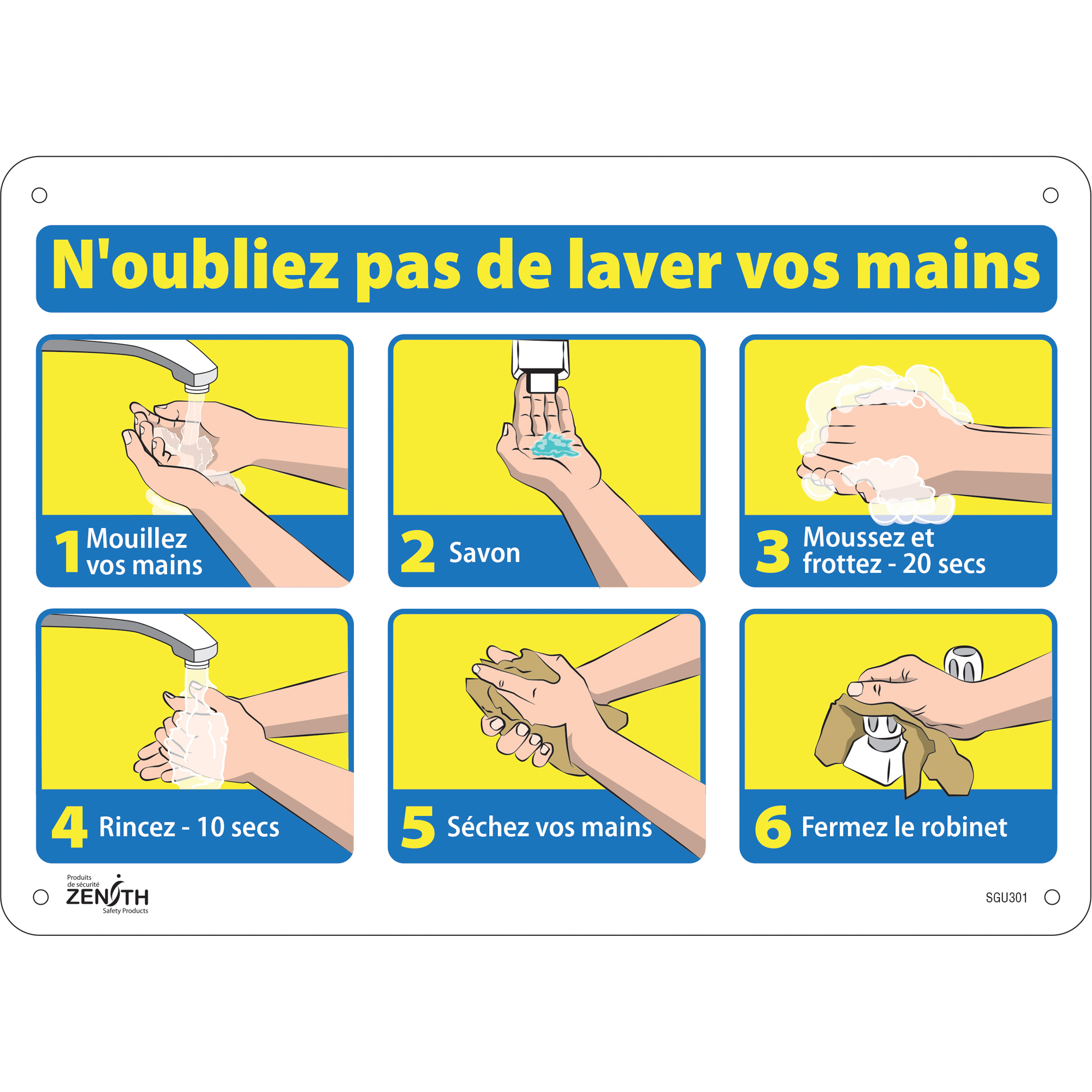 Enseigne "N'oubliez pas de laver vos mains", 10" x 14", Aluminium, Français avec pictogramme