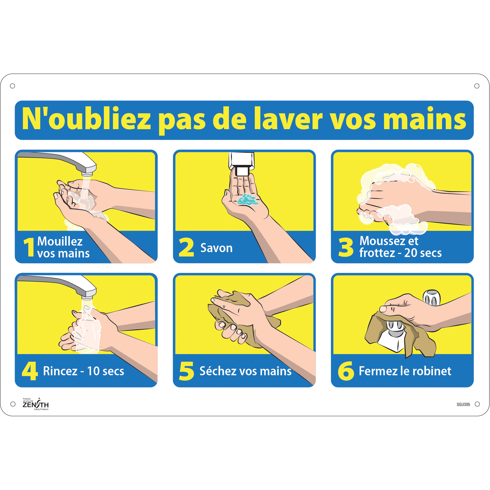 Enseigne "N'oubliez pas de laver vos mains", 14" x 20", Aluminium, Français avec pictogramme