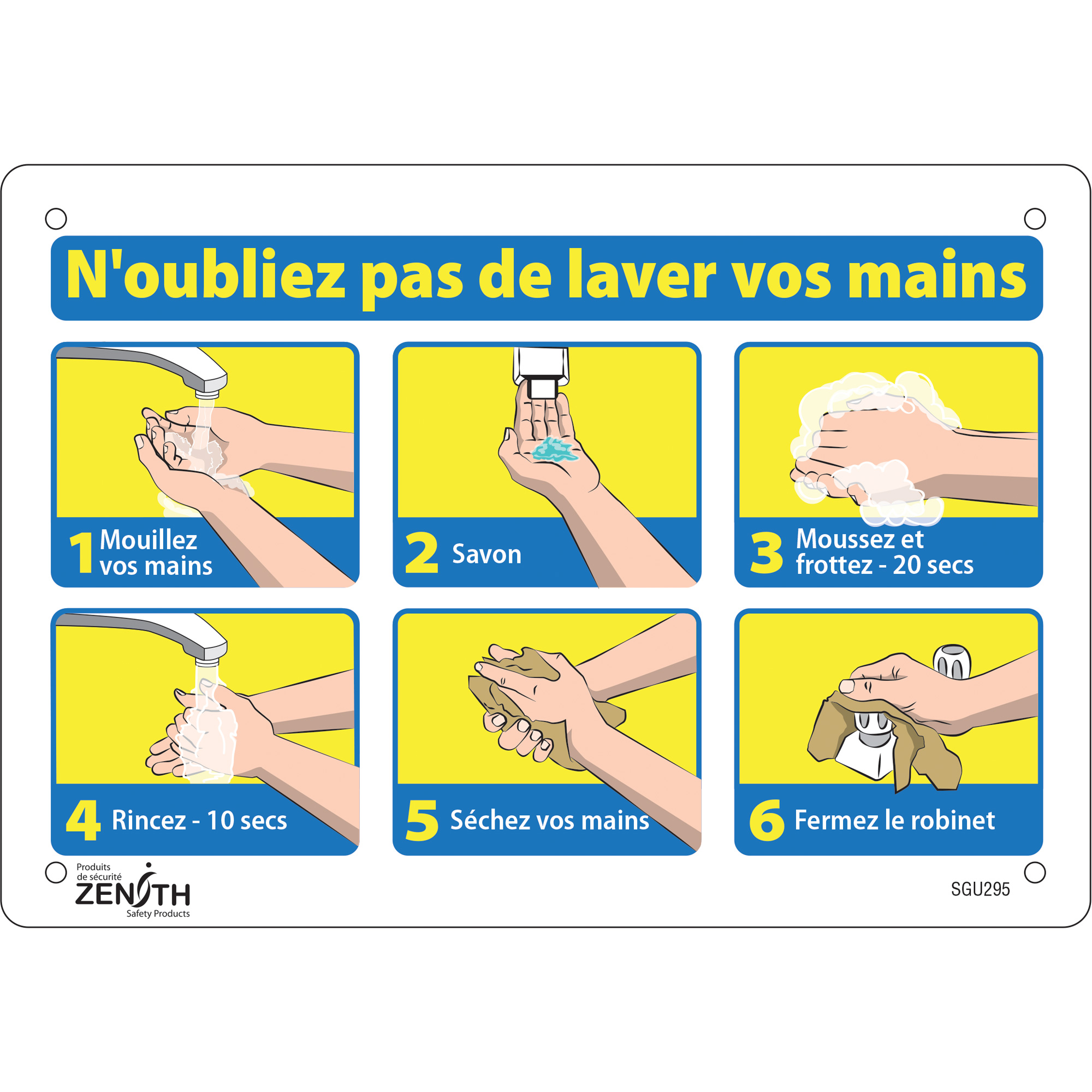 Enseigne "N'oubliez pas de laver vos mains", 7" x 10", Aluminium, Français avec pictogramme