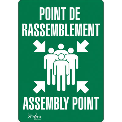 Enseigne «Point de rassemblement/Assembly Point», 10" x 7", Vinyle, Bilingue avec pictogramme