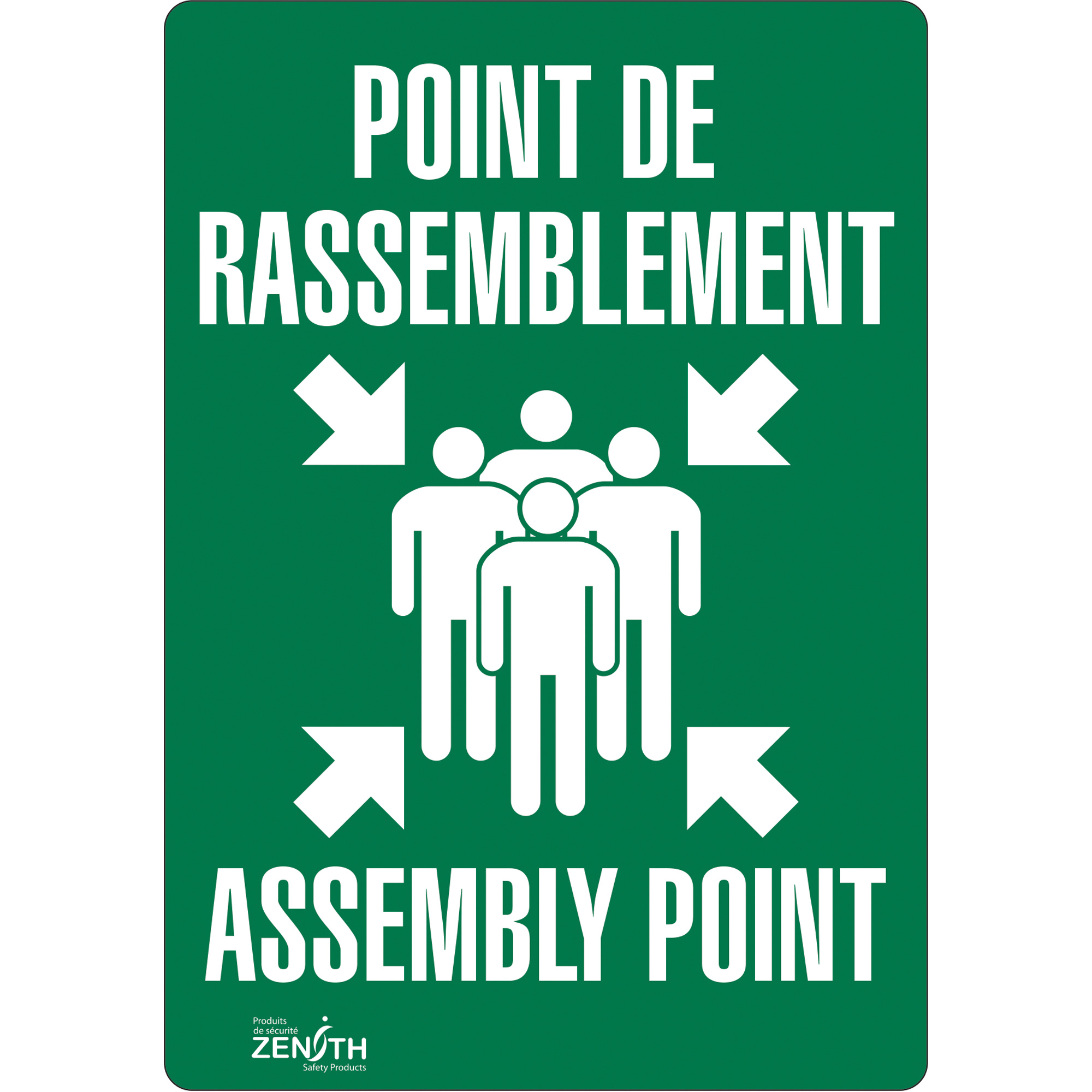 Enseigne «Point de rassemblement/Assembly Point», 10" x 7", Vinyle, Bilingue avec pictogramme