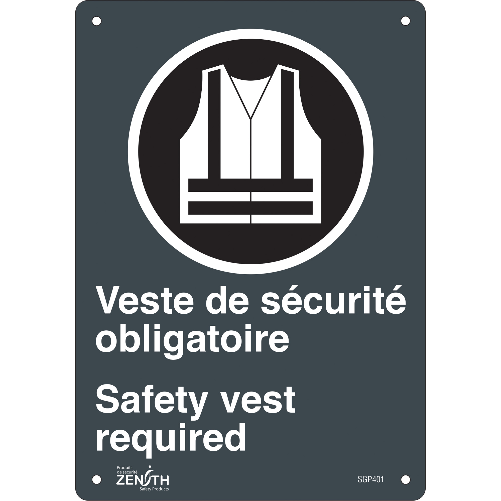 Enseigne «Port du dossard obligatoire/Safety Vest Required», 10" x 7", Plastique, Bilingue avec pictogramme