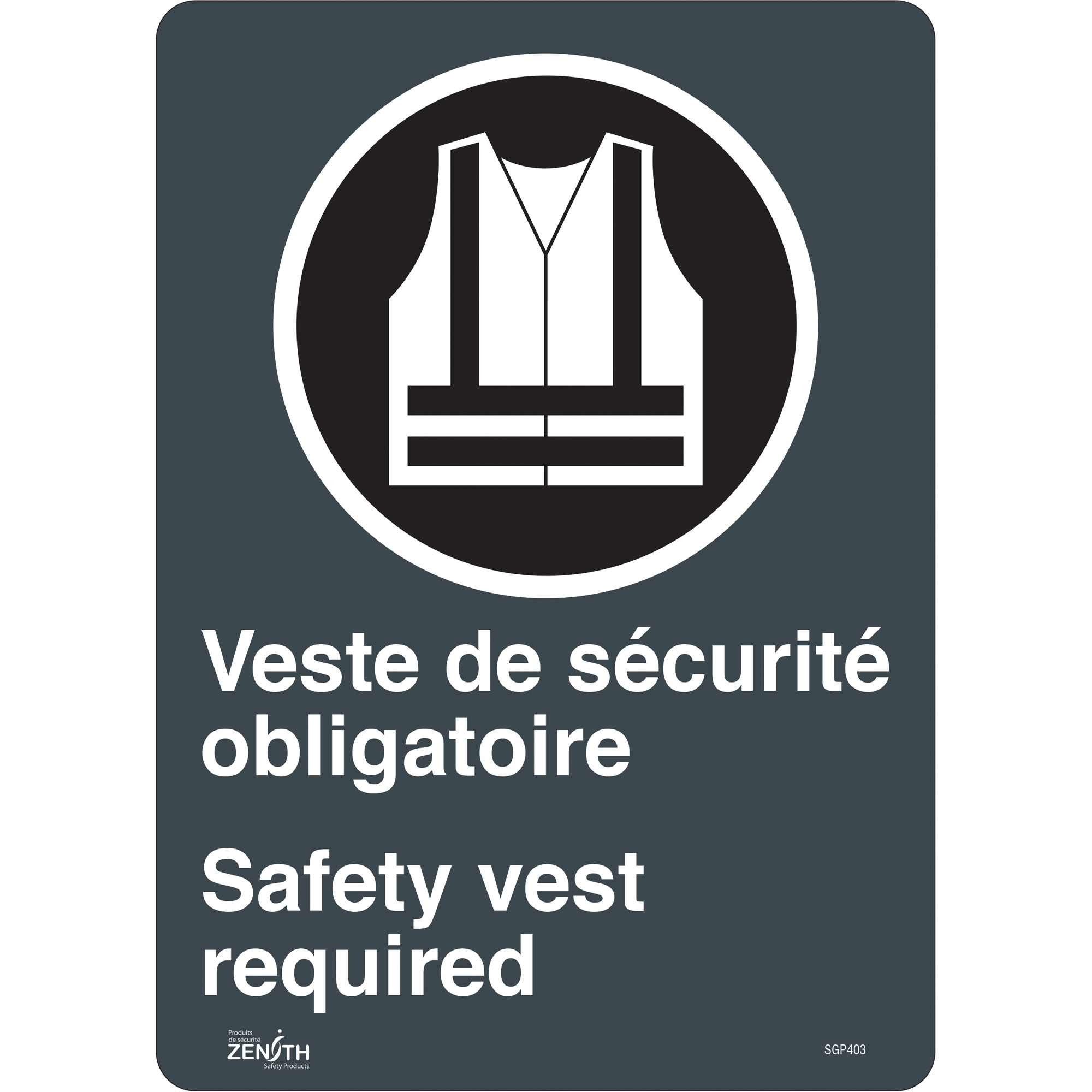 Enseigne «Port du dossard obligatoire/Safety Vest Required», 14" x 10", Vinyle, Bilingue avec pictogramme