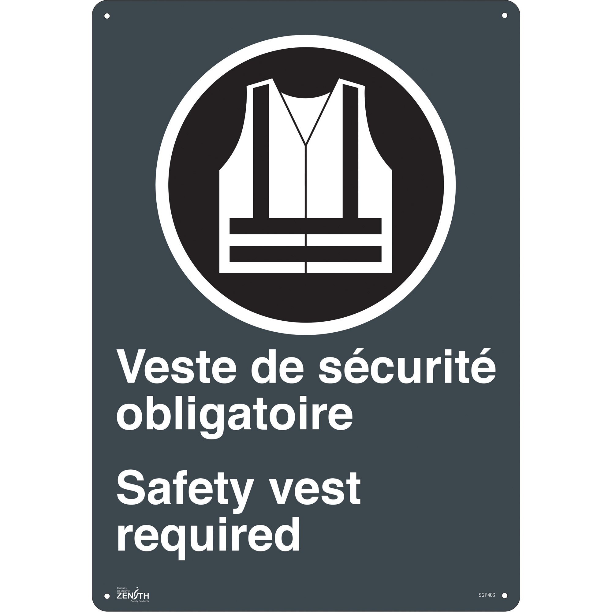 Enseigne «Port du dossard obligatoire/Safety Vest Required», 20" x 14", Plastique, Bilingue avec pictogramme
