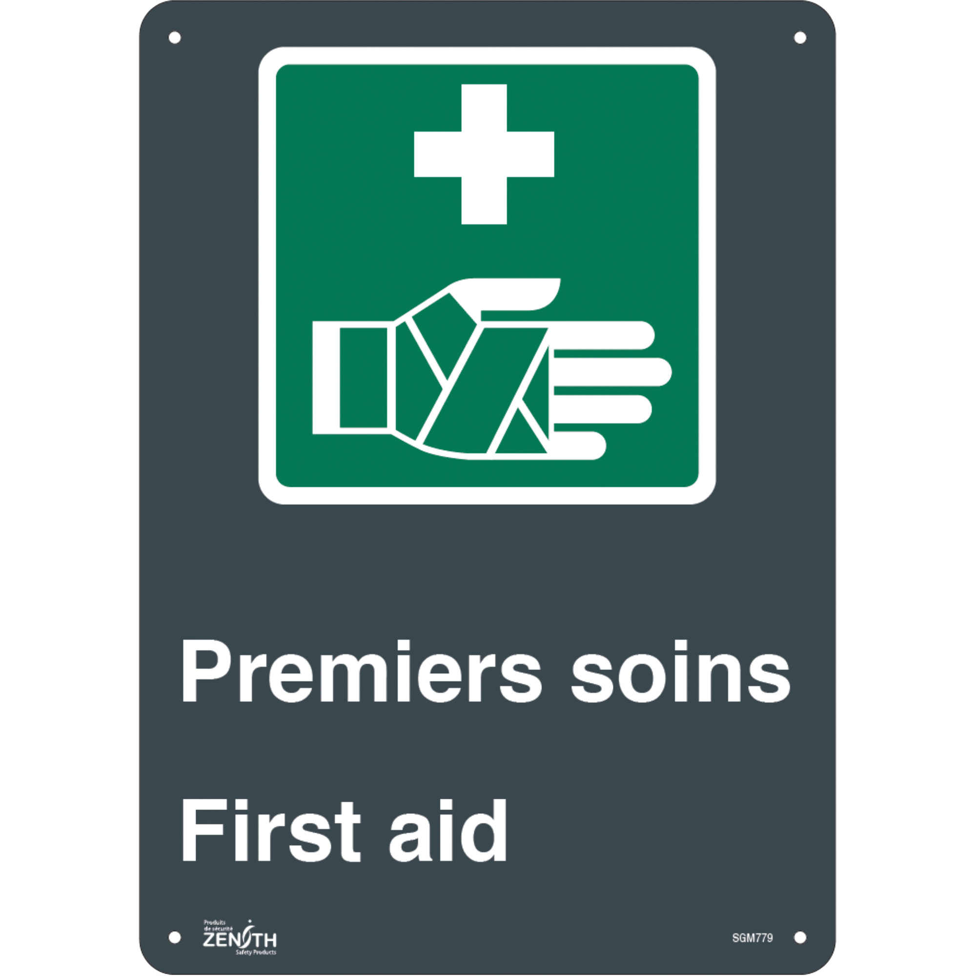 Enseigne «Premier Soins/First Aid», 14" x 10", Plastique, Bilingue avec pictogramme