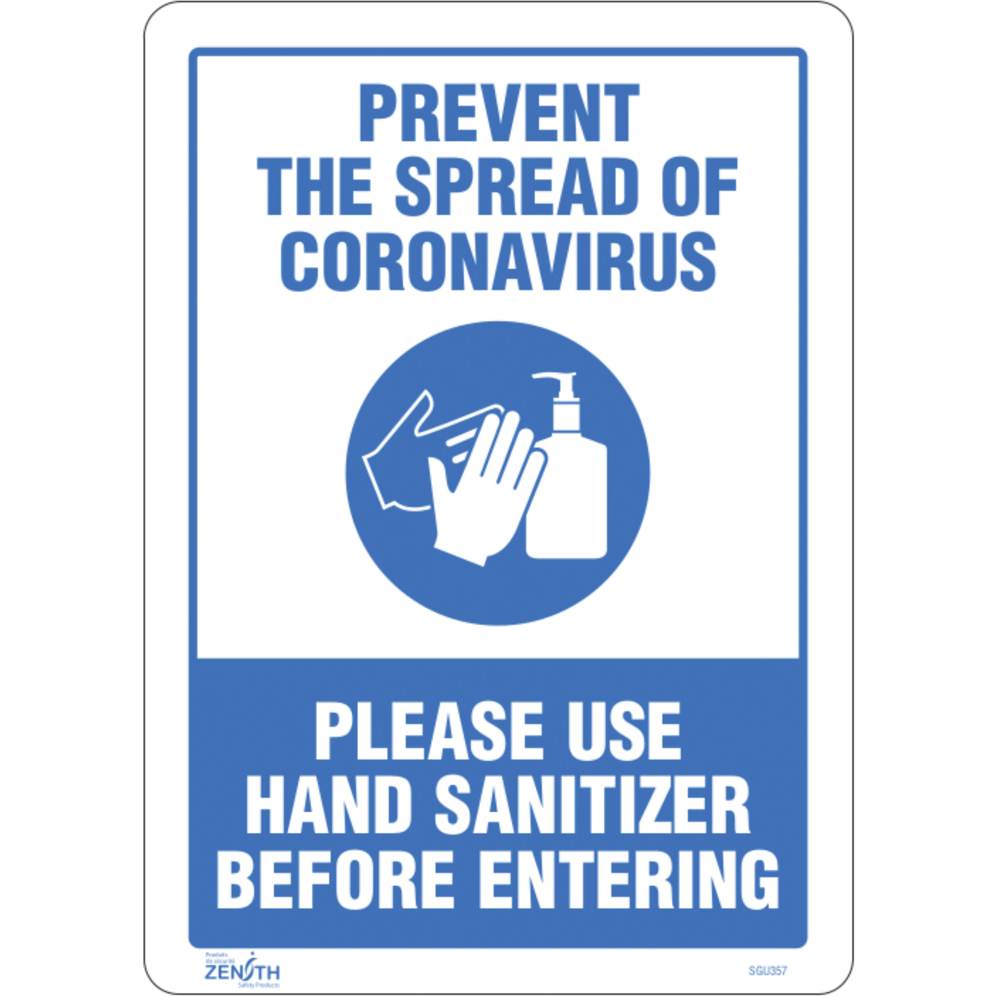 Enseigne « Prevent Coronavirus, Please Use Hand Sanitizer », 14" x 10", Vinyle, Anglais avec pictogramme