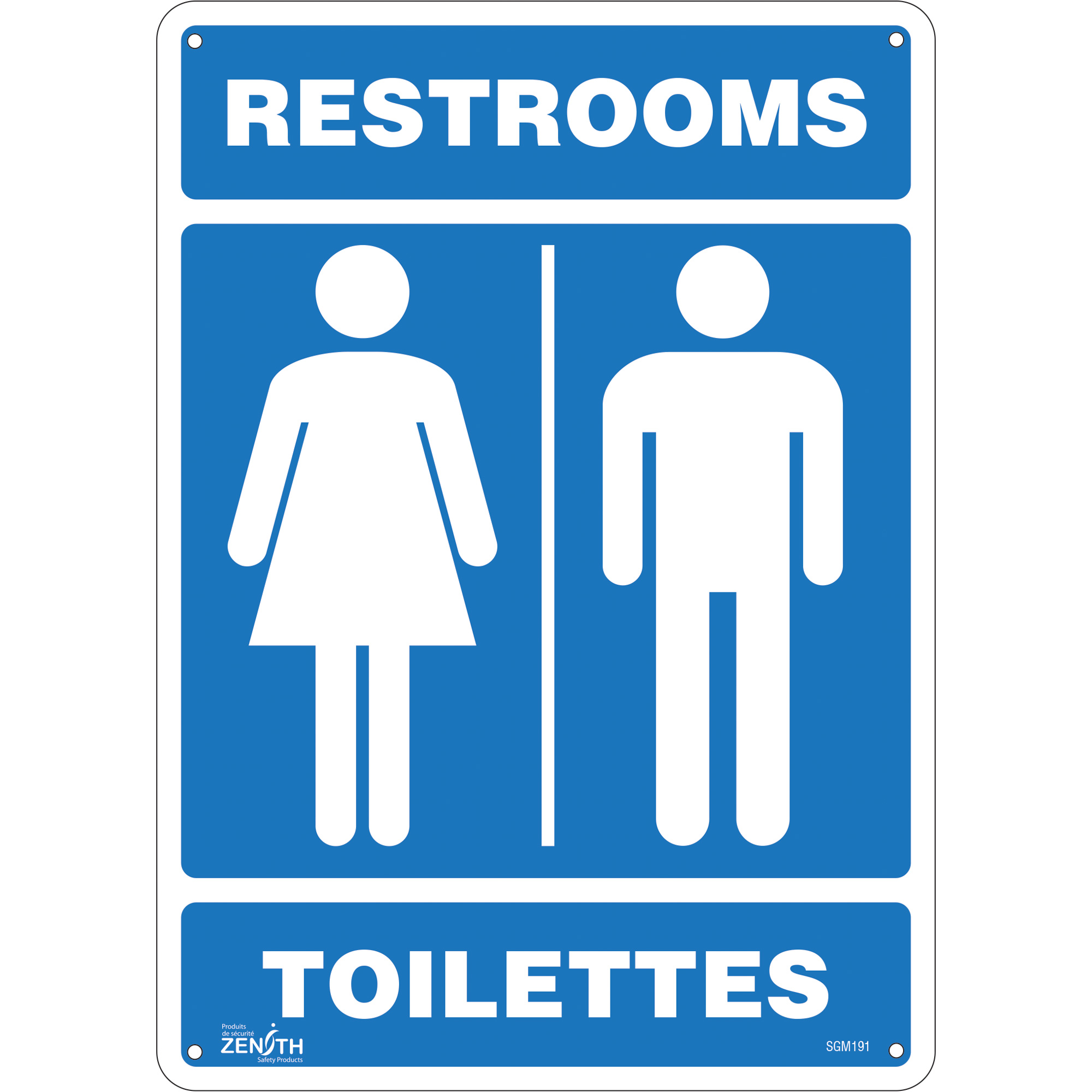 Enseigne «Restrooms - Toilettes», 14" x 10", Plastique, Bilingue avec pictogramme
