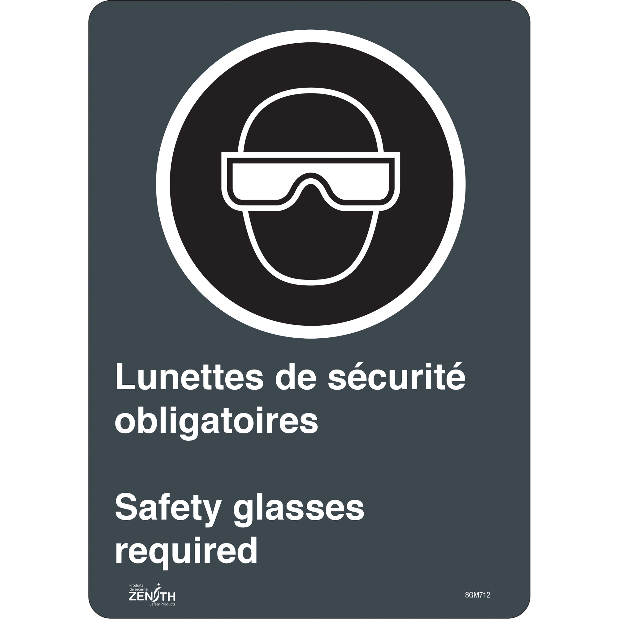 Enseigne «Safety Glasses Required/Lunettes de sécurité obligatoires», 14" x 10", Vinyle, Bilingue avec pictogramme