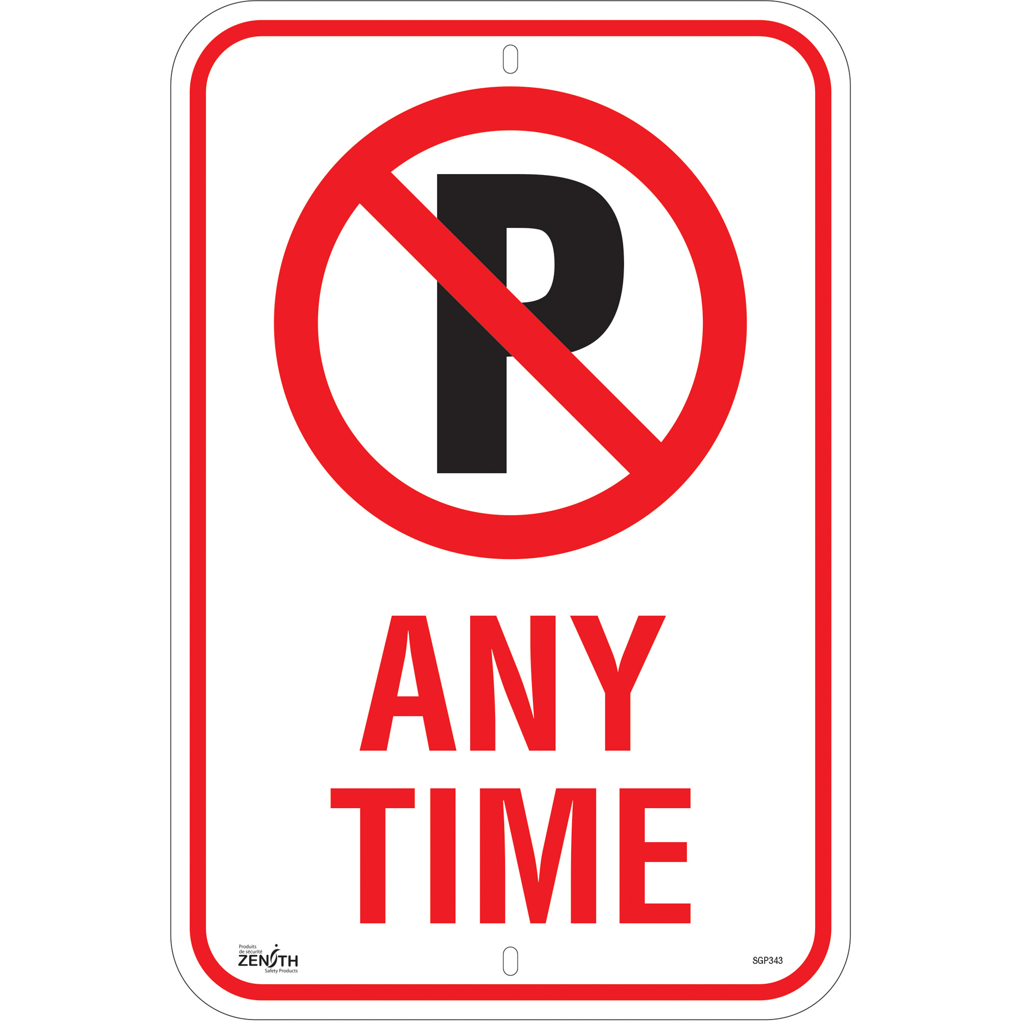 Enseigne Stationnement interdit «Any Time», 18" x 12", Aluminium, Anglais avec pictogramme