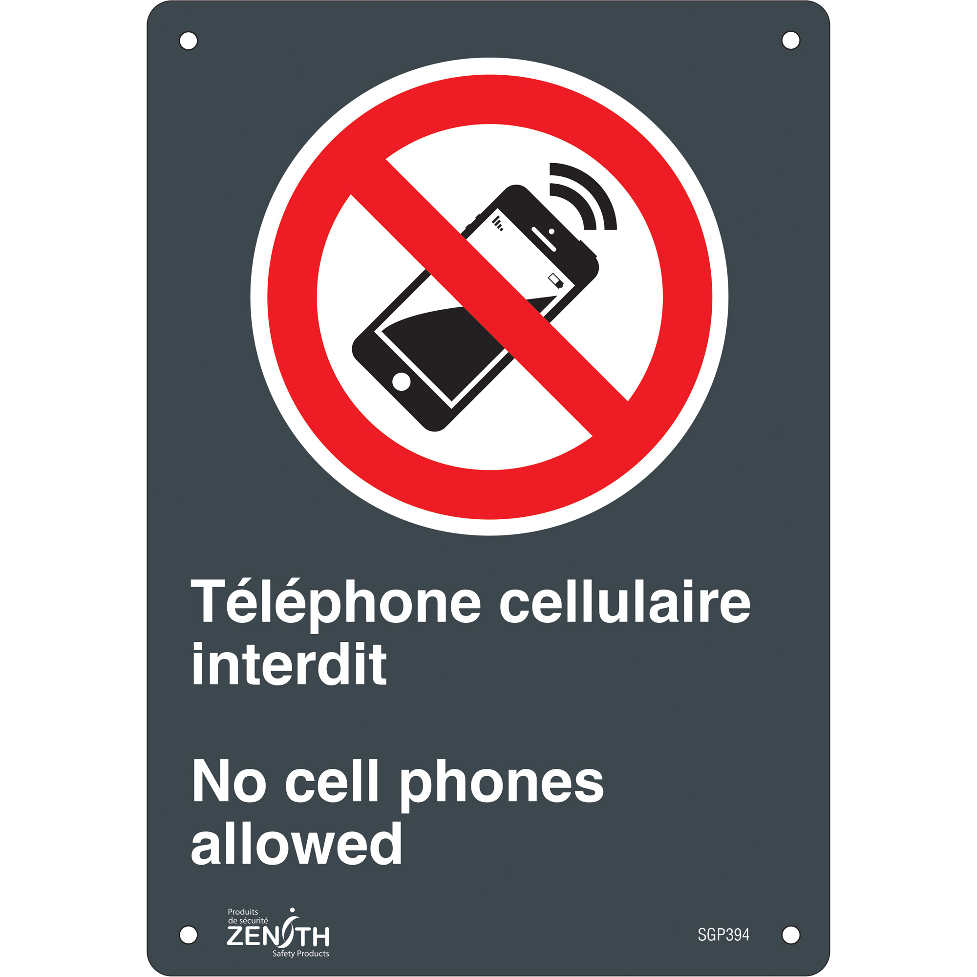Enseigne «Téléphone cellulaire interdit /No Cell Phones», 10" x 7", Aluminium, Bilingue avec pictogramme