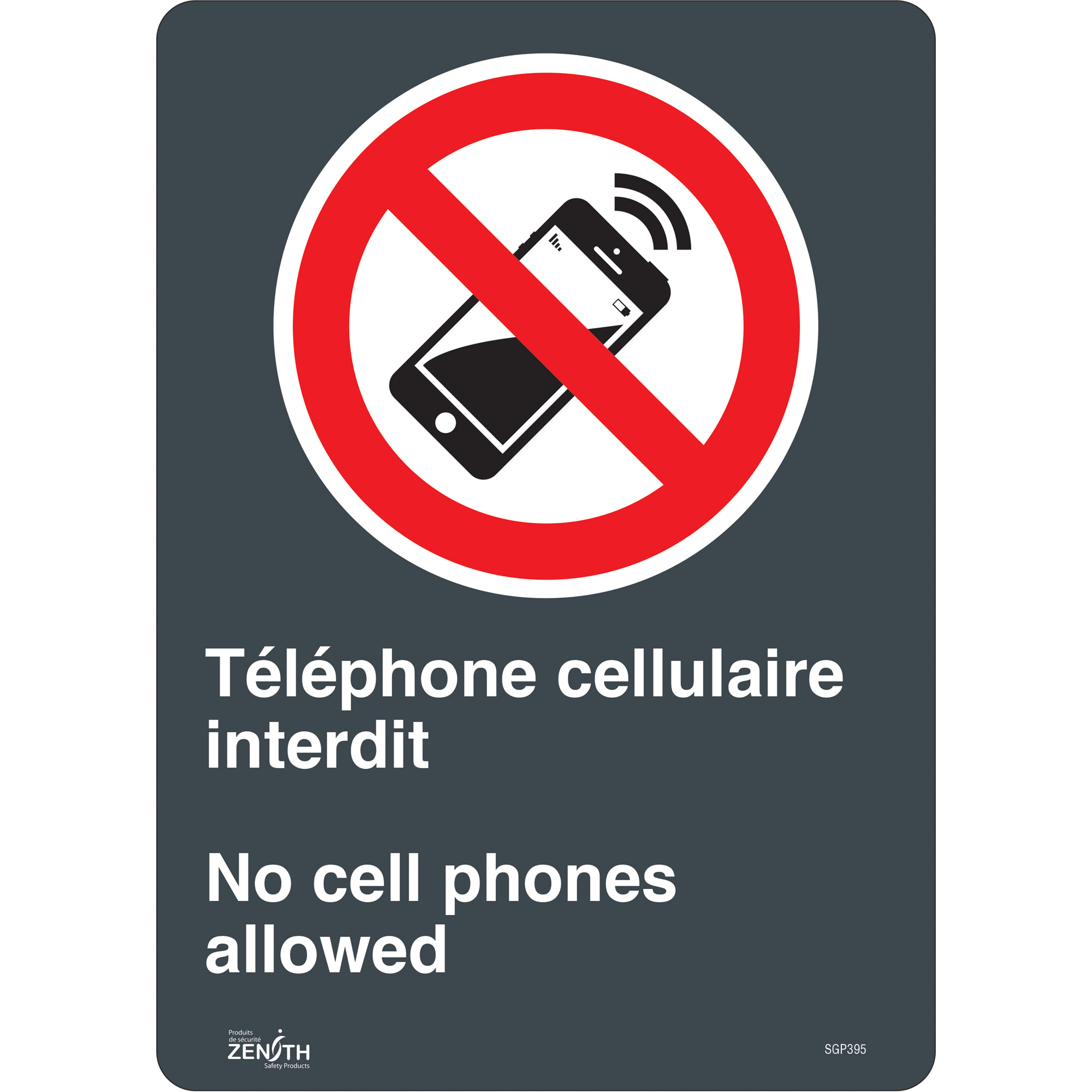 Enseigne «Téléphone cellulaire interdit /No Cell Phones», 14" x 10", Vinyle, Bilingue avec pictogramme