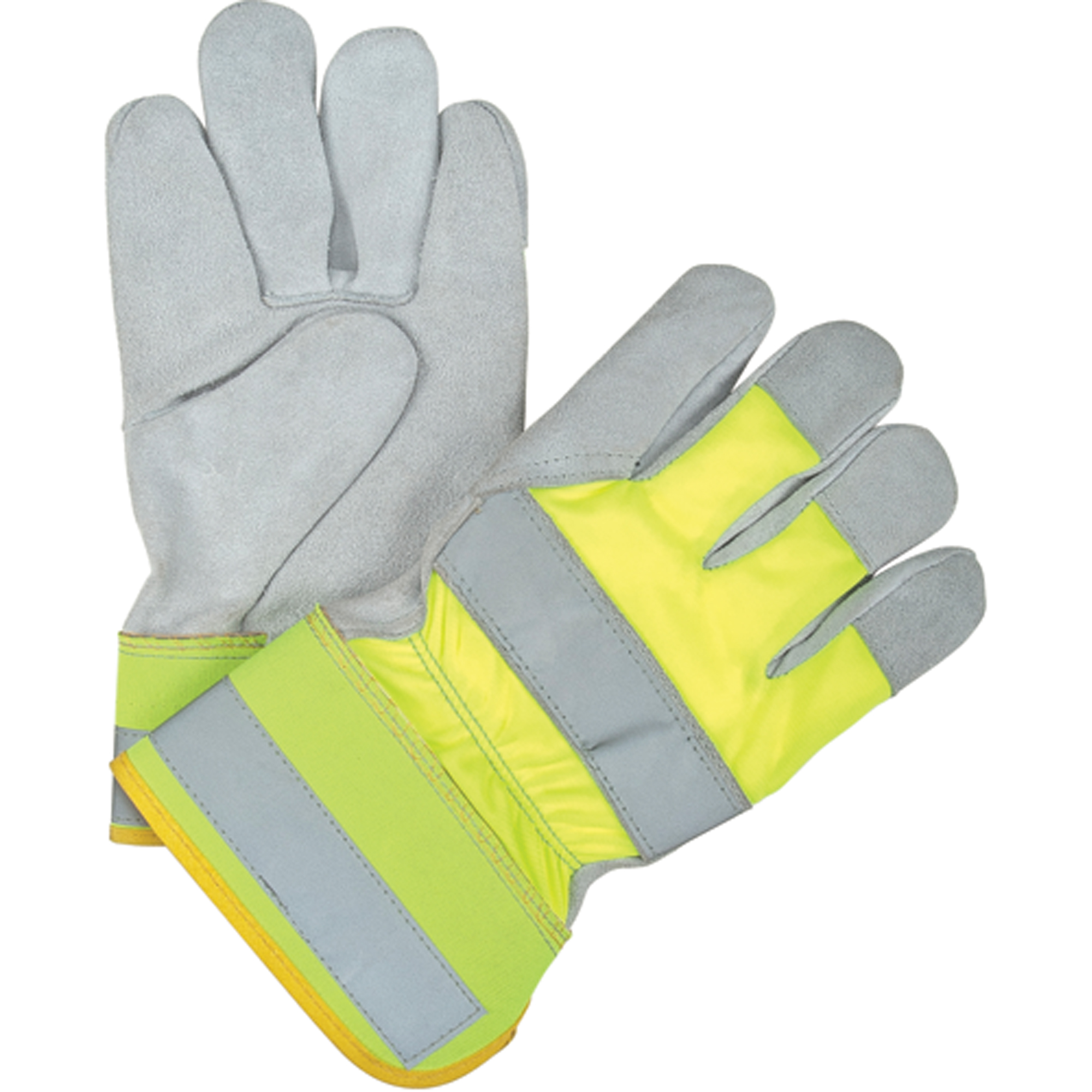 Gants d'ajusteur haute visibilité de première qualité, Grand, Paume en Cuir de vache refendu, Doublure en Coton