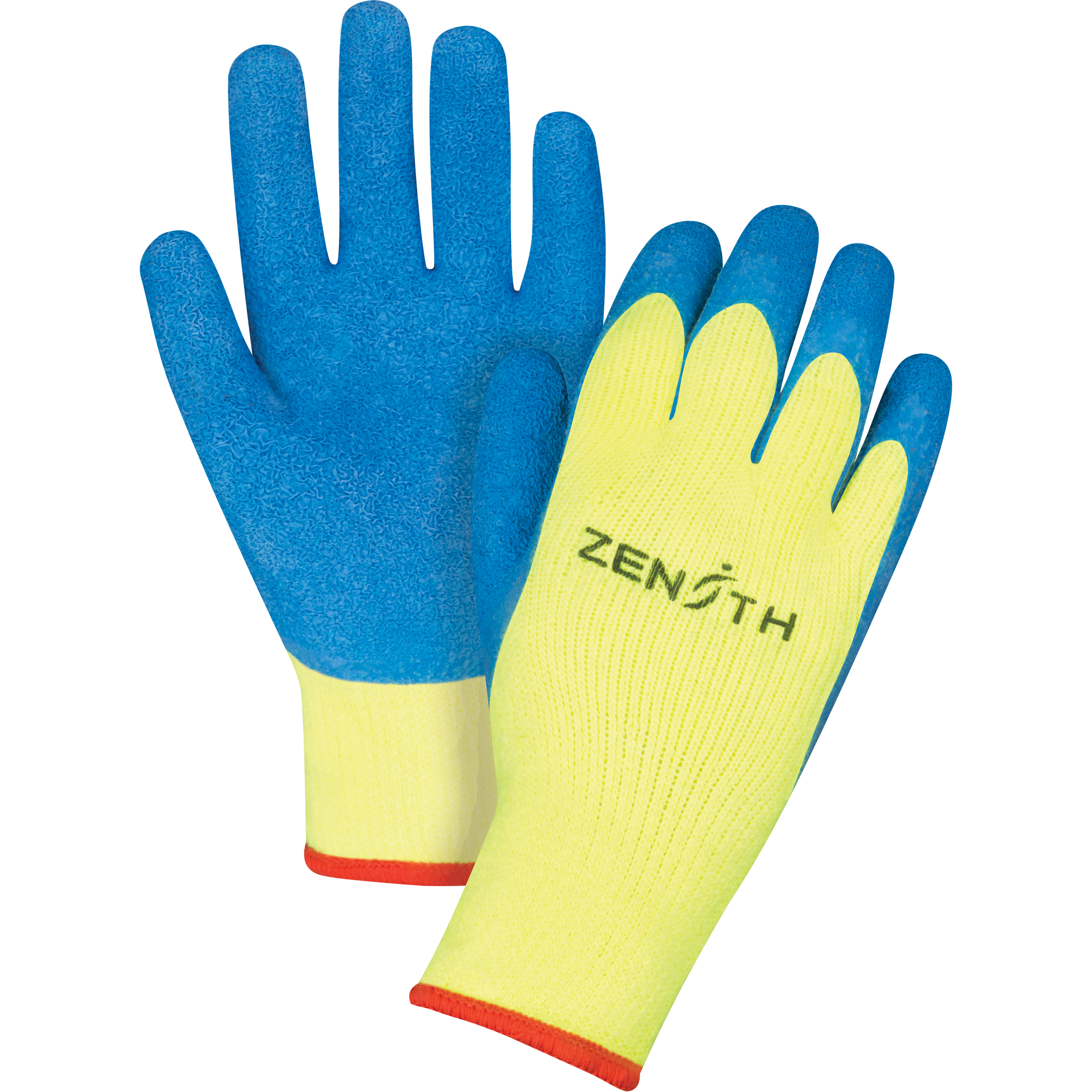 Gants haute visibilité doublés d'acrylique & enduits de caoutchouc, 10/T-Grand, Rêvetement Latex de caoutchouc, Calibre 7, Enveloppe en Tissu éponge