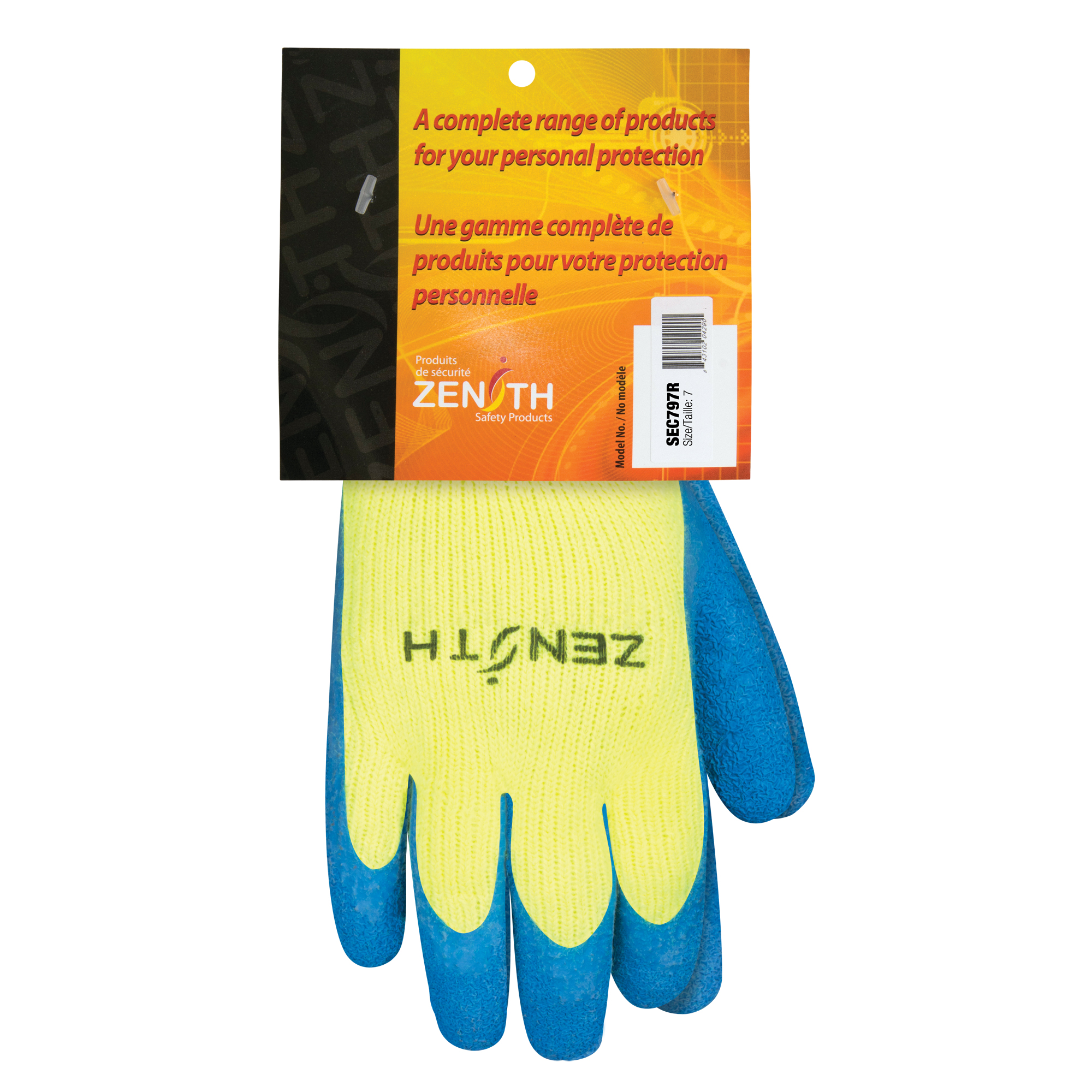 Gants haute visibilité doublés d'acrylique de caoutchouc naturel, 7, Rêvetement Latex de caoutchouc, Calibre 7, Enveloppe en Acrylique