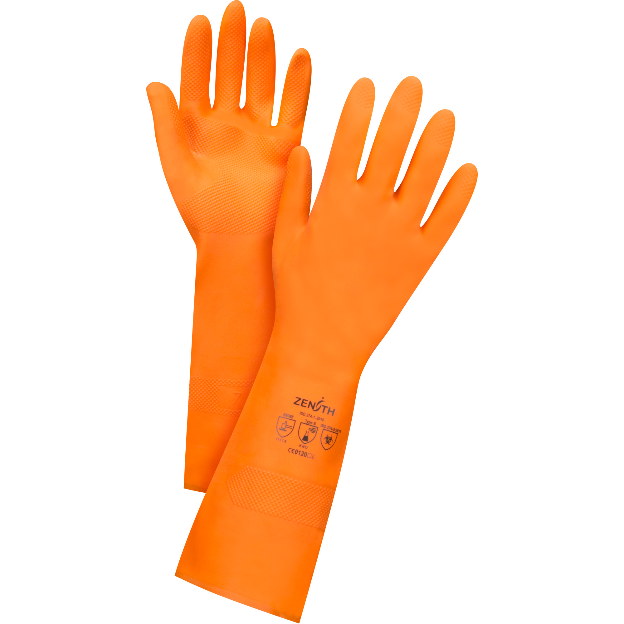 Gants orange de première qualité résistants aux produits chimiques, Taille Grand/9, 13" lo, Latex de caoutchouc, Doublure en Ouatée, 28 mils
