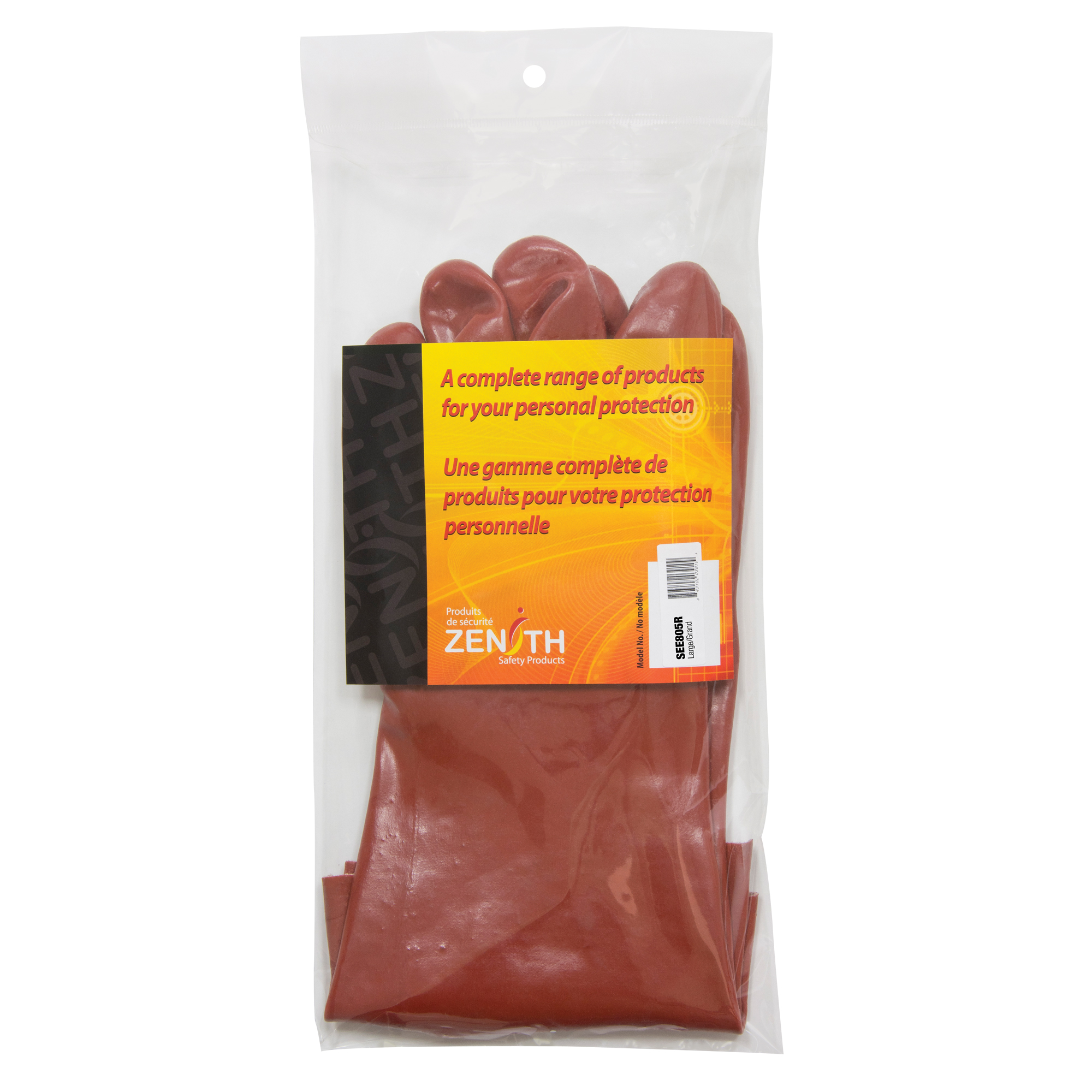 Gants rouges à fini doux résistants aux produits chimiques, Taille 9, 14" lo, PVC, Doublure en Interlock, Poids lourd