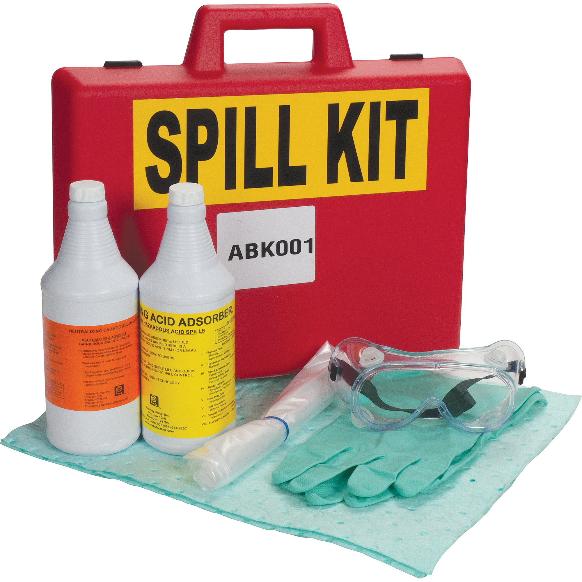 Trousse de lutte contre les déversements acides/basiques pour laboratoire, Matières dangereuses, Mallette, Absorbance de 1 gal. US