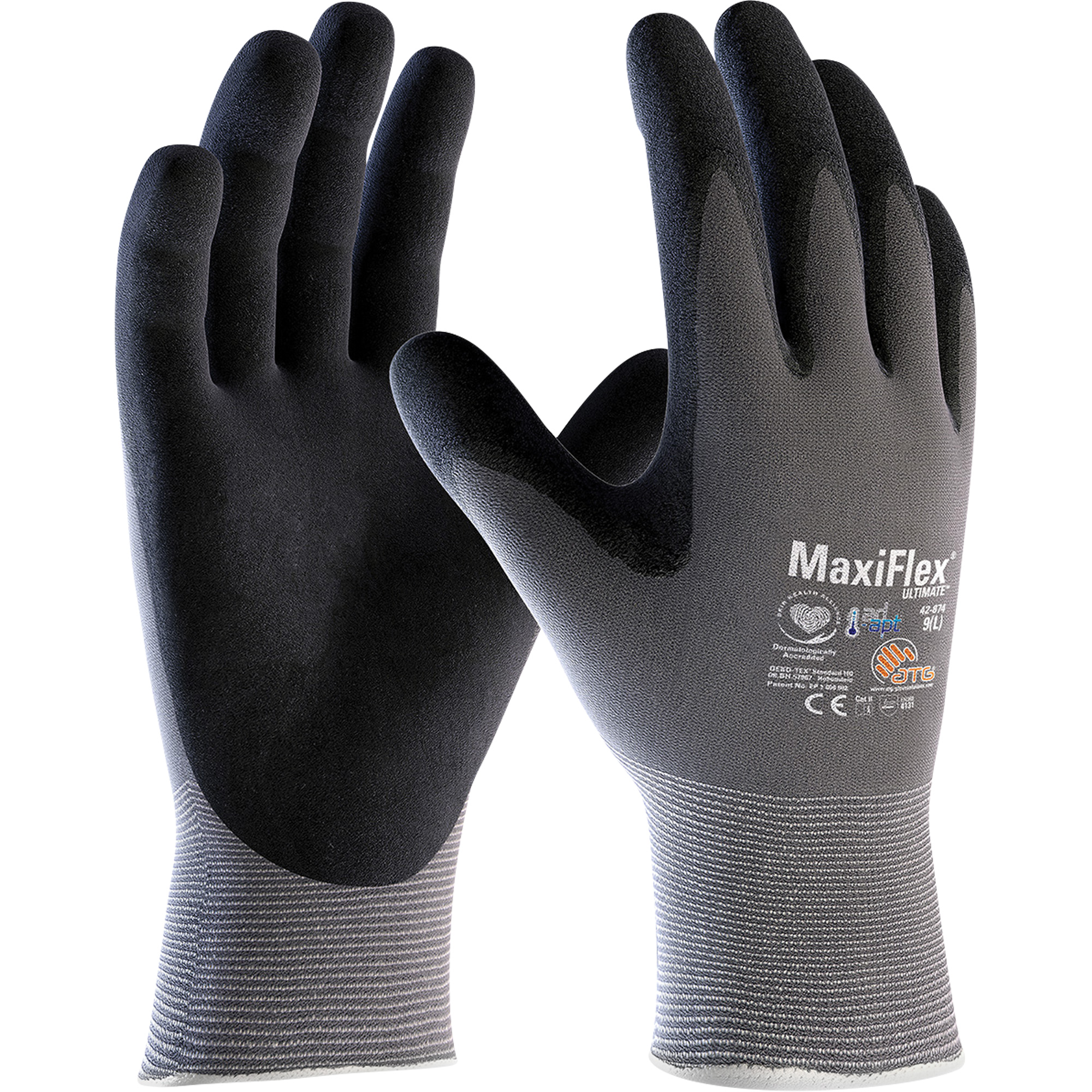 Gants enduits ATG MaxiFlexMD UltimateMC AD-APTMC, 2T-Grand, Rêvetement Mousse de nitrile, Calibre 15, Enveloppe en Nylon/Spand