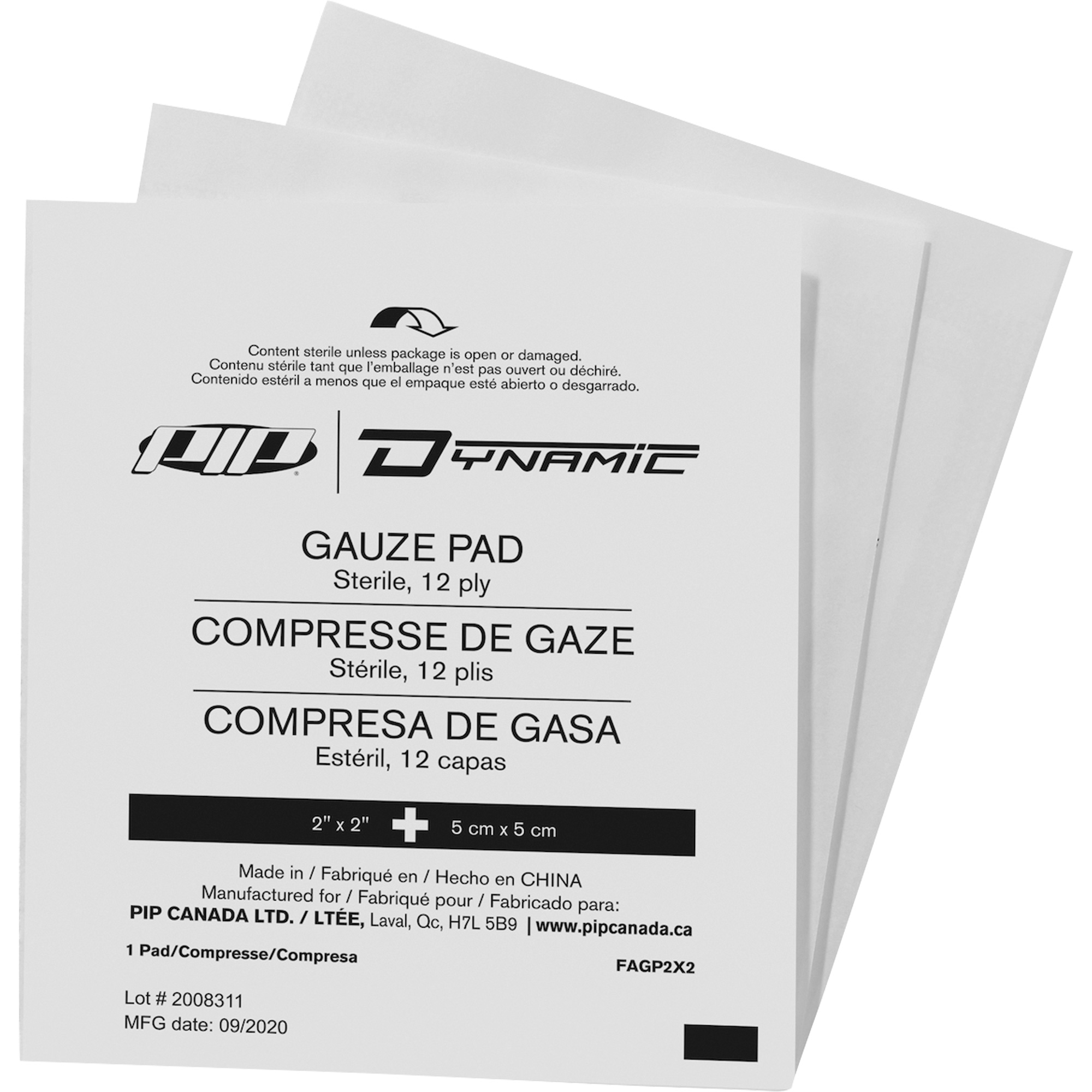 Gaze DynamicMC, Tampon, 2" lo x 2" la, Stérile, Dispositif médical Classe 1