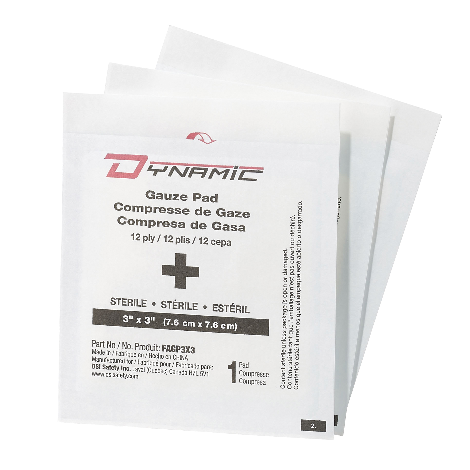 Gaze DynamicMC, Tampon, 3" lo x 3" la, Stérile, Dispositif médical Classe 1