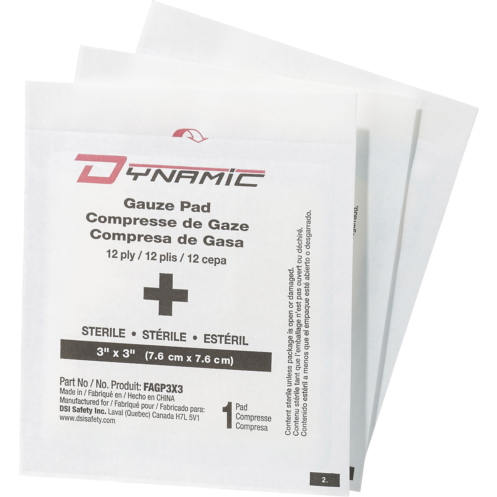 Gaze DynamicMC, Tampon, 3" lo x 3" la, Stérile, Dispositif médical Classe 1