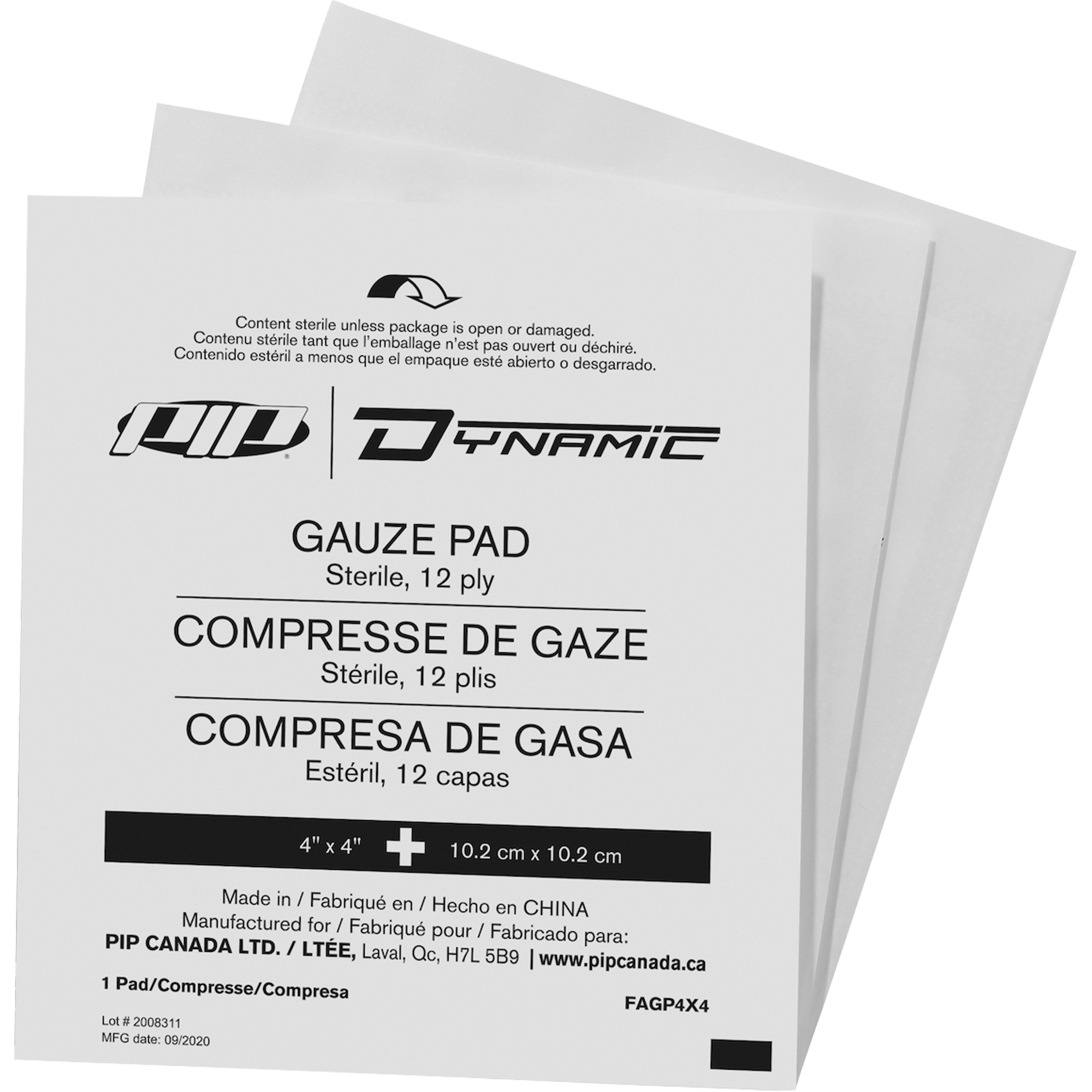 Gaze DynamicMC, Tampon, 4" lo x 4" la, Stérile, Dispositif médical Classe 1