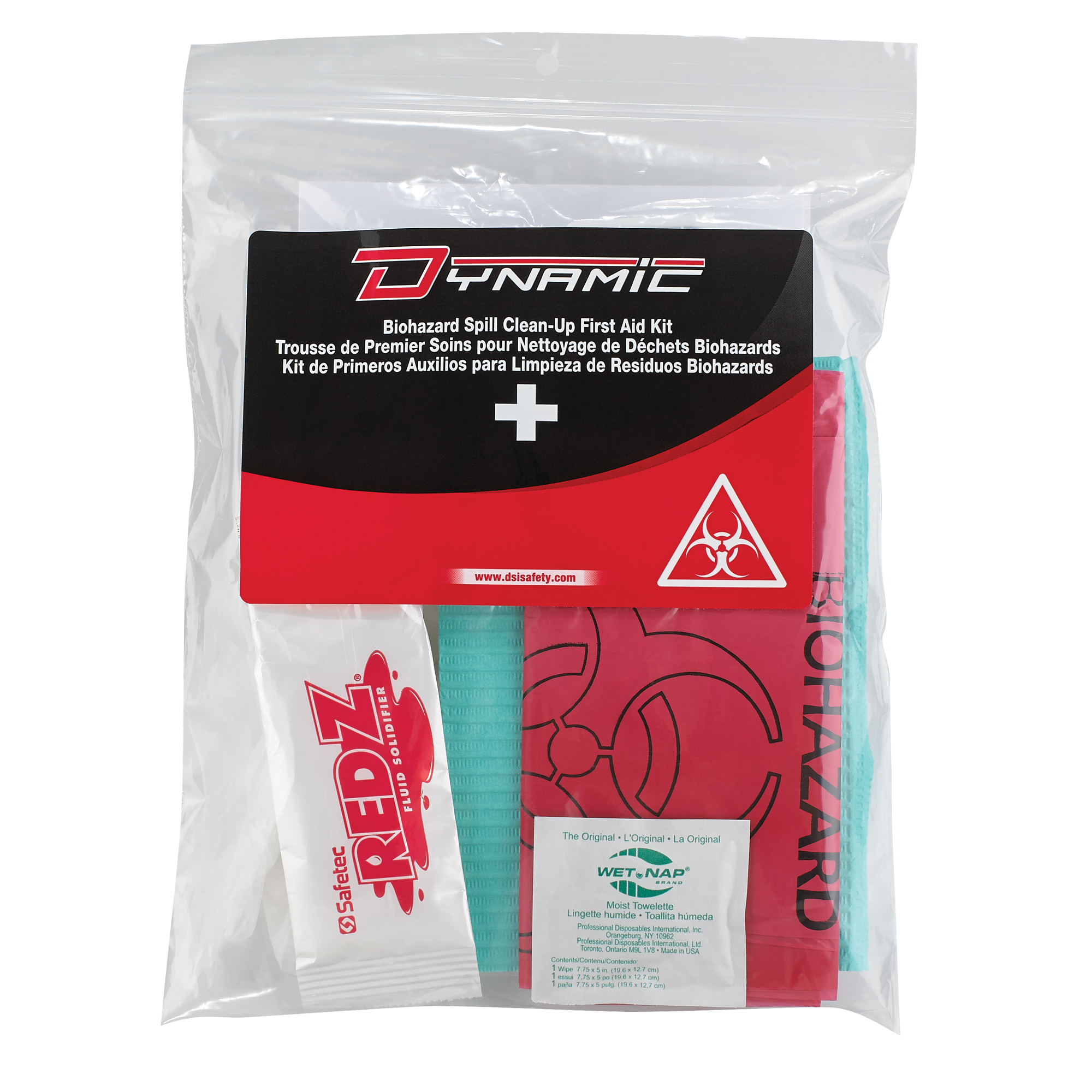 Trousse de premiers soins pour nettoyage de biorisques DynamicMC, Dispositif médical Classe 1, Sac en plastique refermable