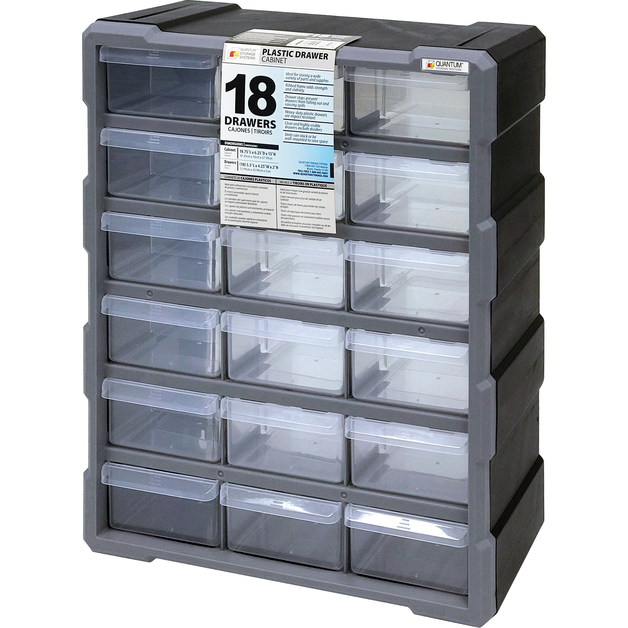 Armoire à tiroir, Plastique, 18 tiroirs, 15" x 6-1/4" x 18-3/4", Noir