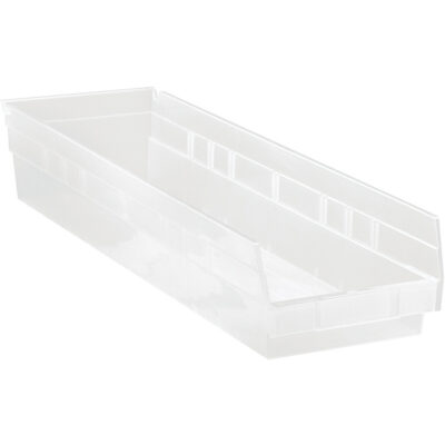 Bacs de rangement pour tablettes, 6-5/8" la x 4" H x 23-5/8" p, Transparent, Capacité 50 lb