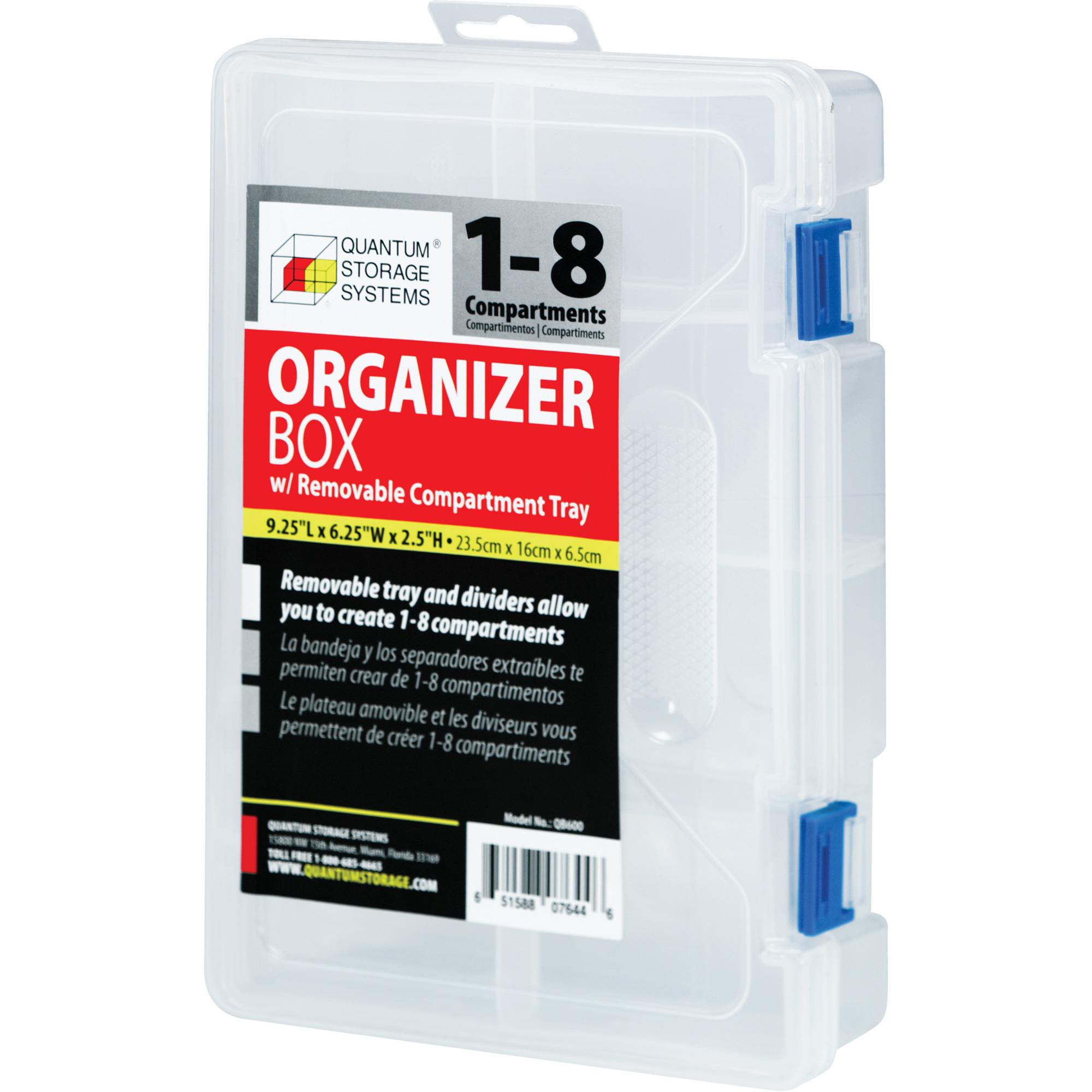 Boîte à compartiments en plastique, 6,25" la x 9,25" p x 2,2" h, 8 compartiments