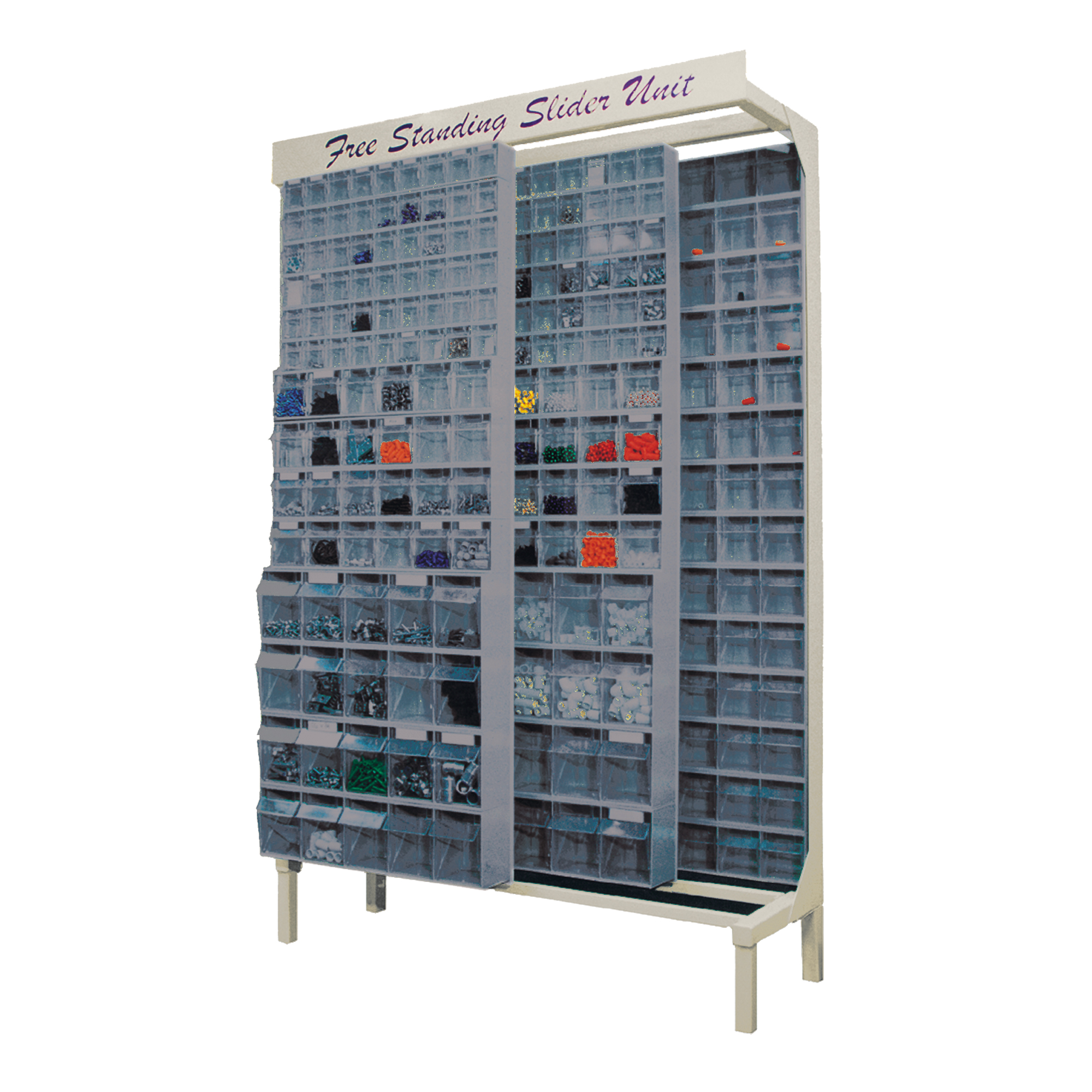 Système de stockage à glissière à bacs basculants autonome, 48" la x 18" p x 77" h, 112 tiroirs