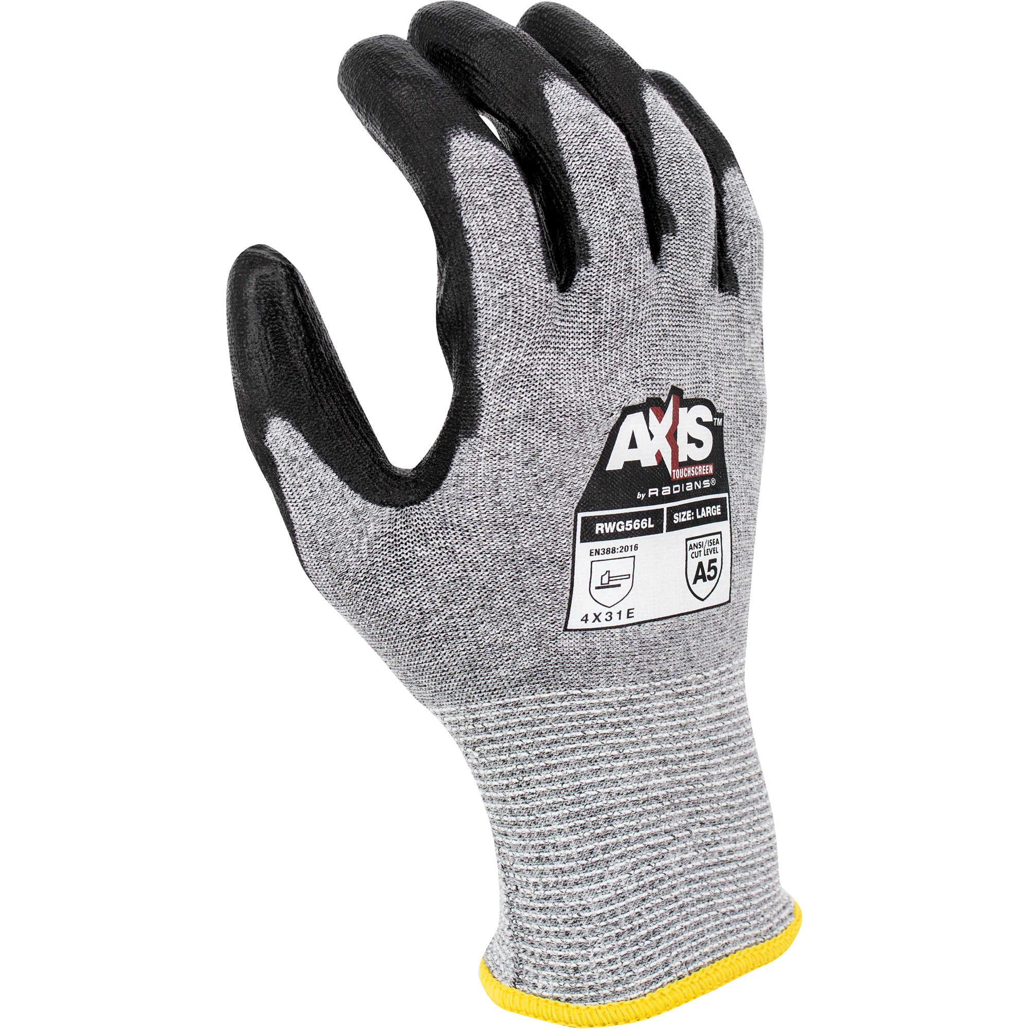 Gants de travail résistants à la coupe, compatibles avec écrans tactiles RWG566 AXISMC, Taille 2T-Grand, Calibre 18, Revêtement Polyuréthane, Enveloppe en Acier inoxydable/PEHP, ASTM ANSI niveau A5/EN 388 niveau E