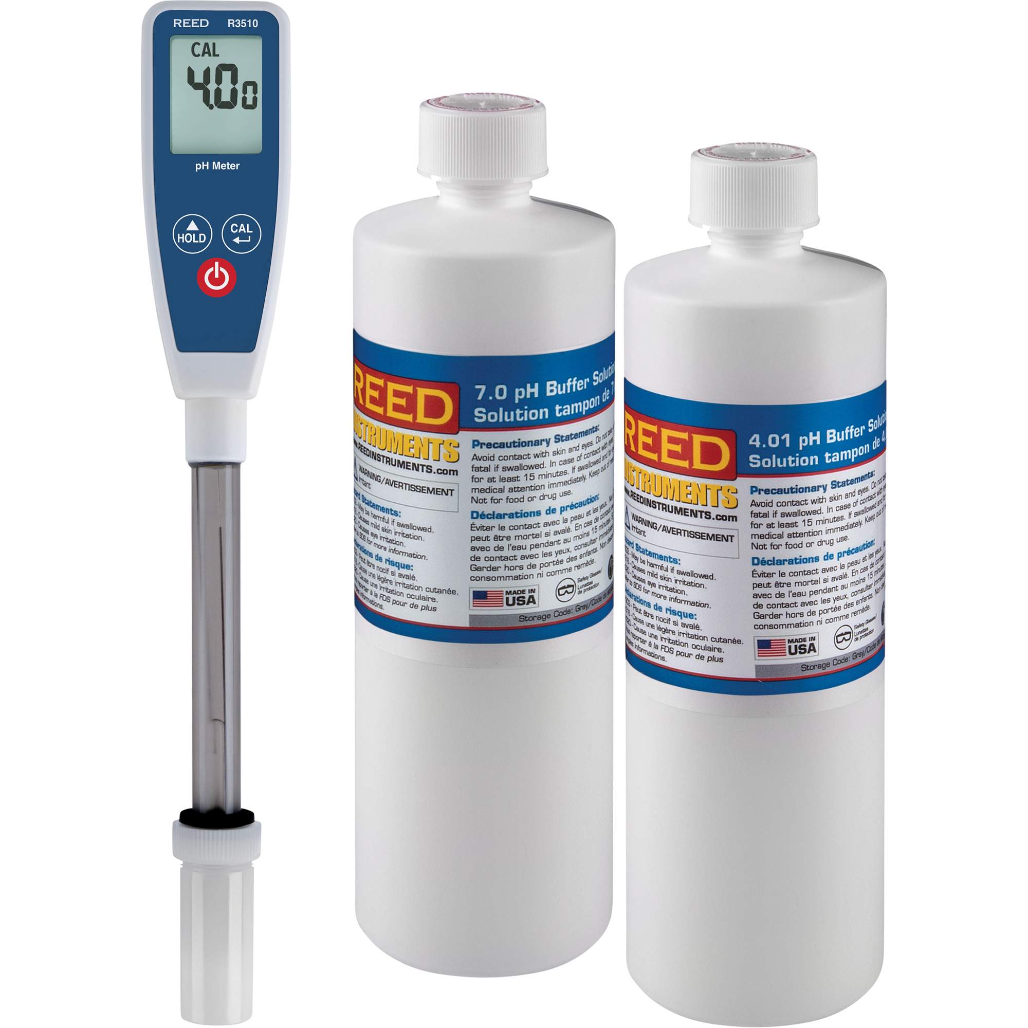 Ensemble de compteur de pH à tige longue & solution tampon 4 pH/7 pH