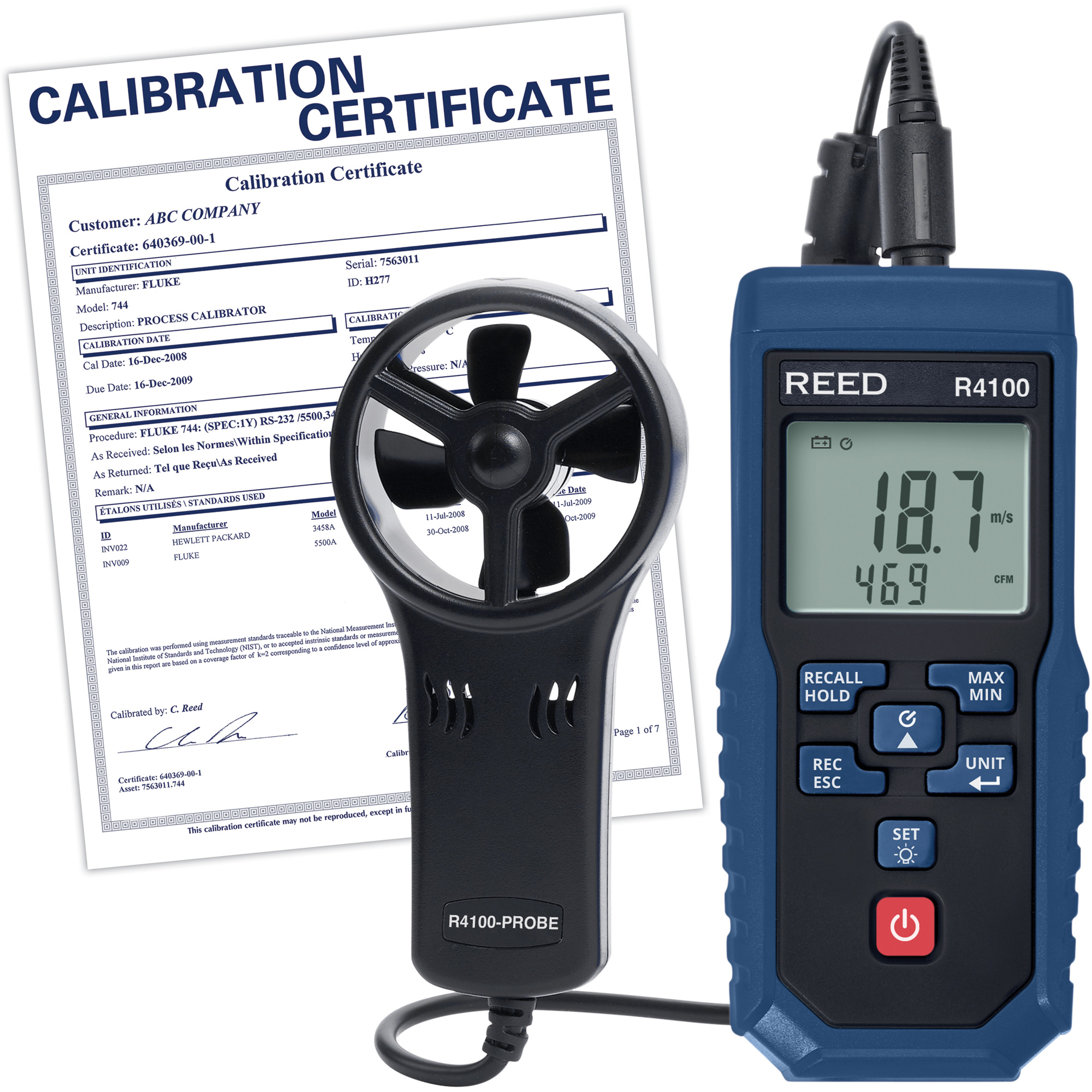 Thermo-anémomètre à aube R4100 avec volume d'air et certificat d'étalonnage, Enregistrement des données, Gamme de vélocité d'air de 0,4 - 30 m/sec