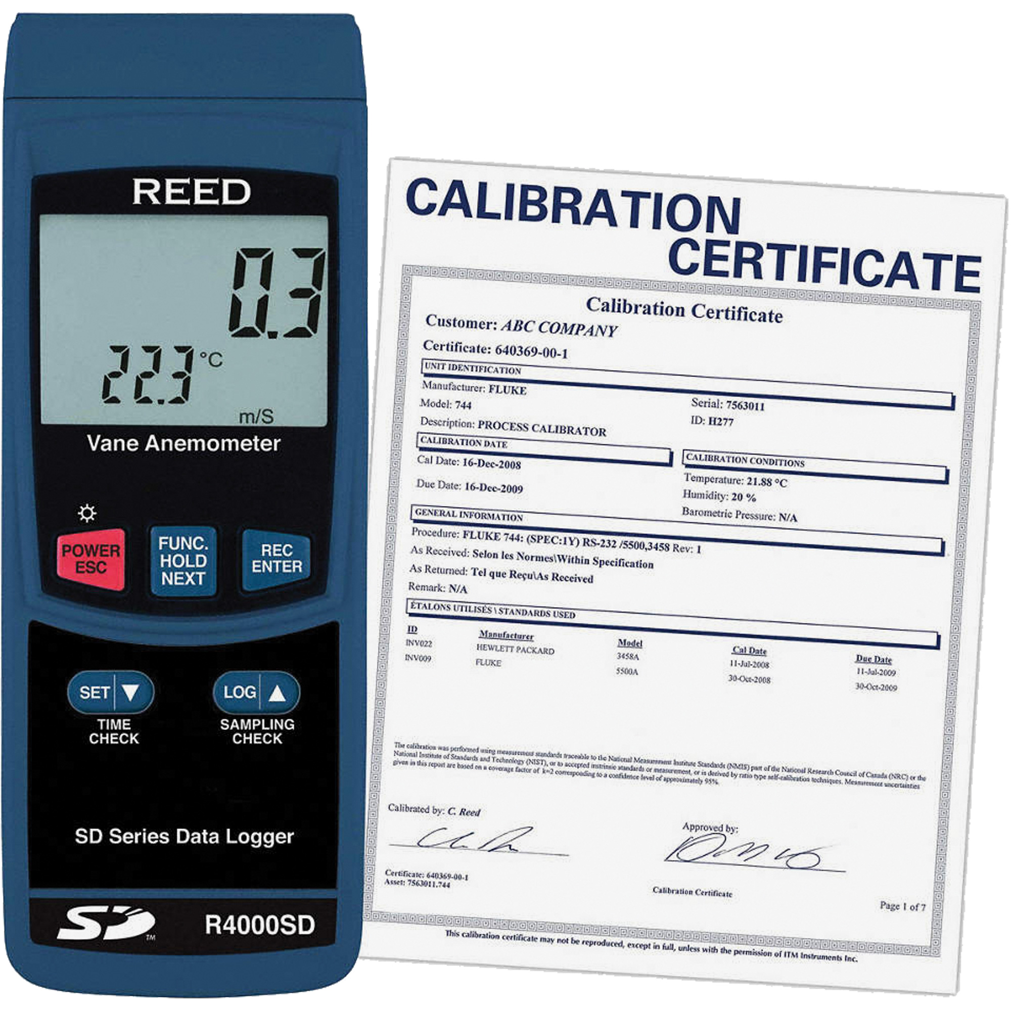 Thermo-anémomètre avec certificat ISO, Enregistrement des données, Gamme de vélocité d'air de 0,4 - 30 m/sec