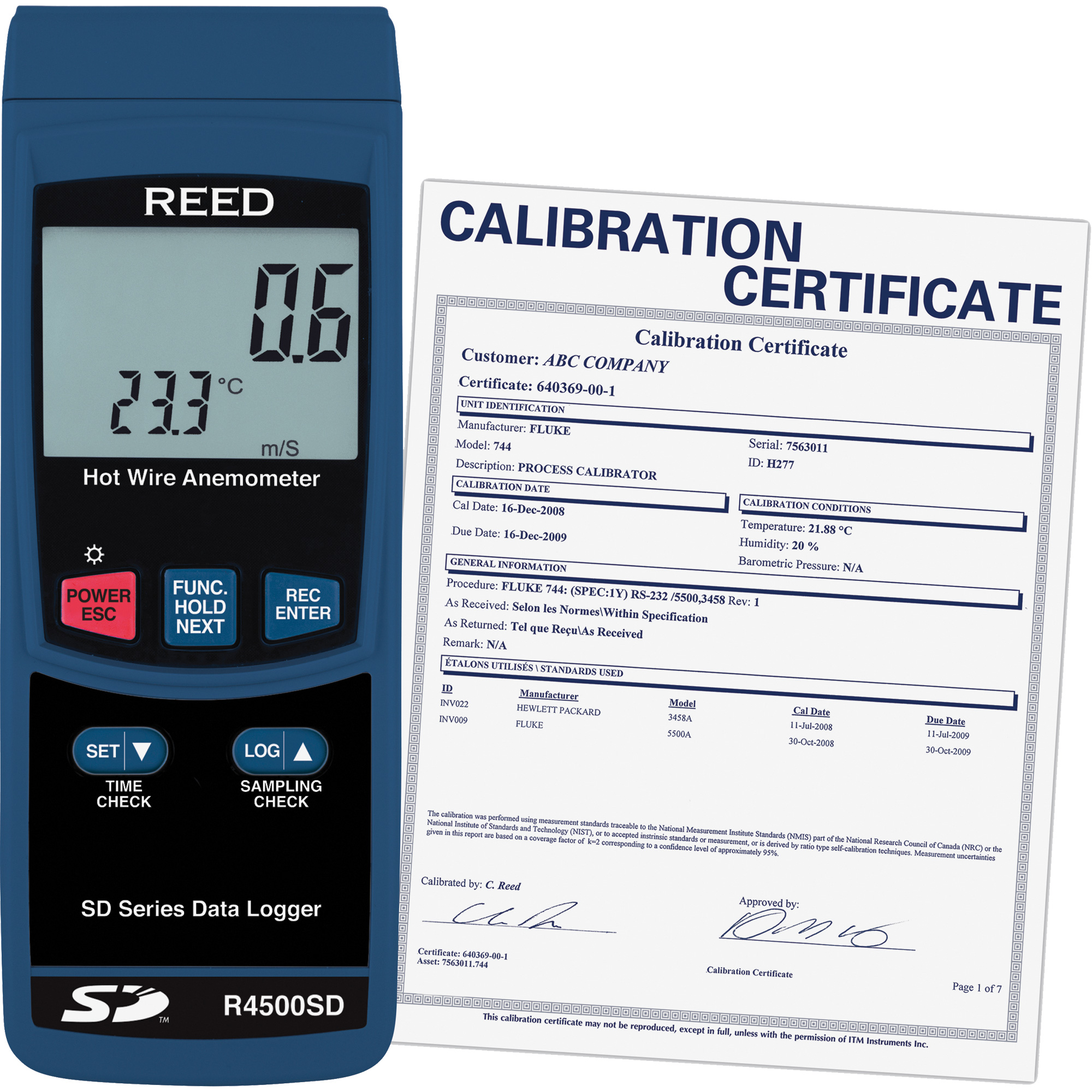 Thermo-anémomètres à fil chaud avec enregistrement de données et certificat ISO, Enregistrement des données, Gamme de vélocité d'air de 0,2 - 25 m/sec