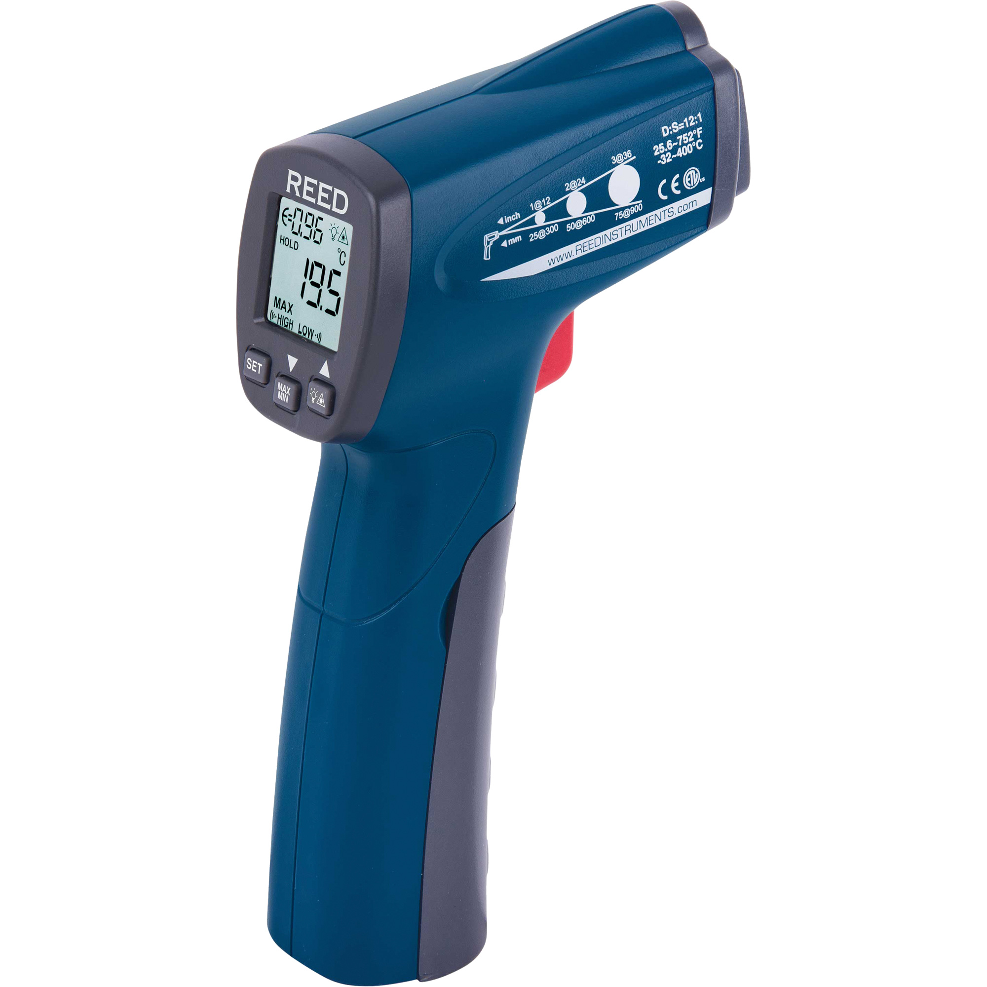 Thermomètre à infrarouge, -25,6°- 752° F ( -32° - 400° C ), 12:1, Émissivité Ajustable
