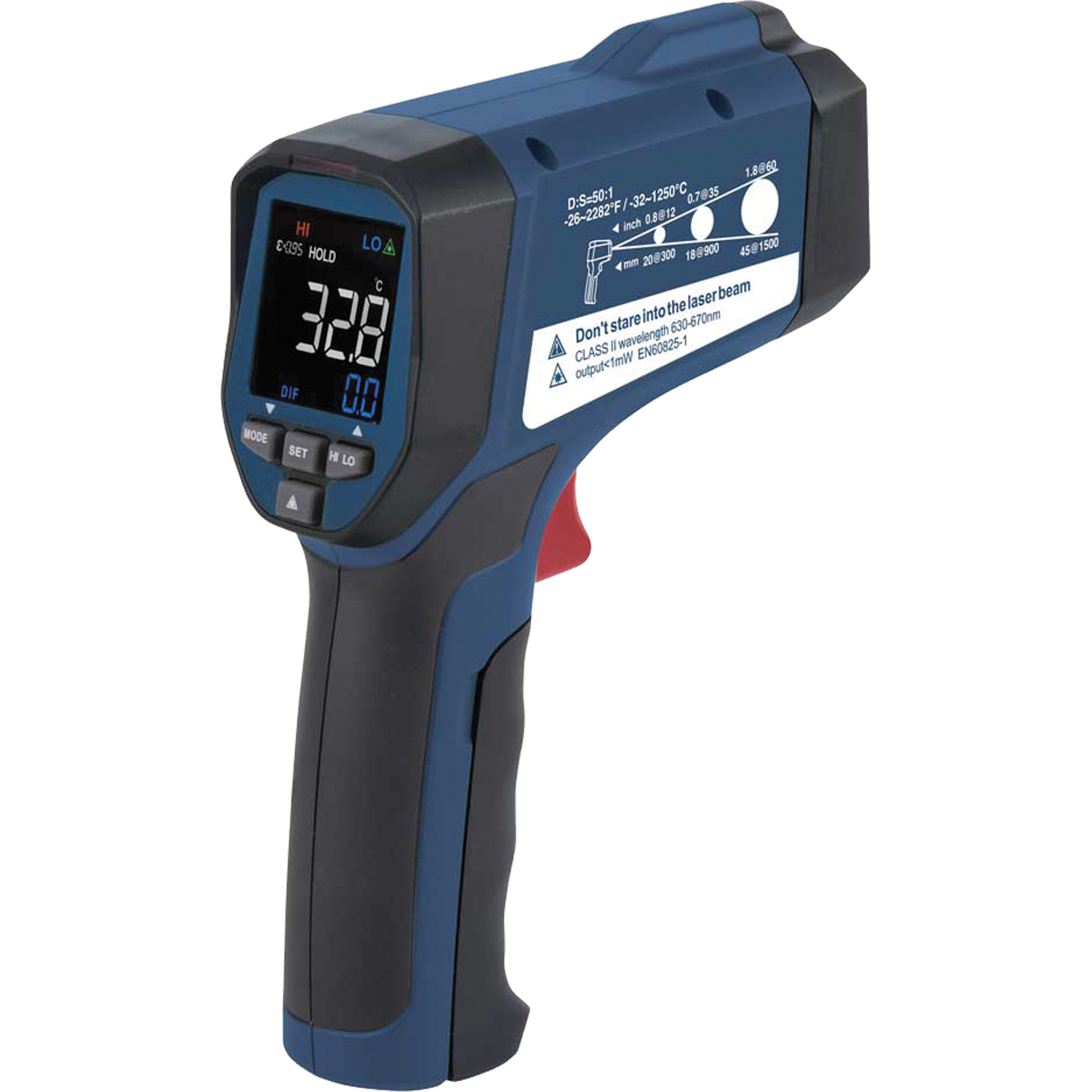 Thermomètre à infrarouge avec certificat ISO, -26°- 2282° F (-32° - 1250° C), 50:1, Émissivité Ajustable
