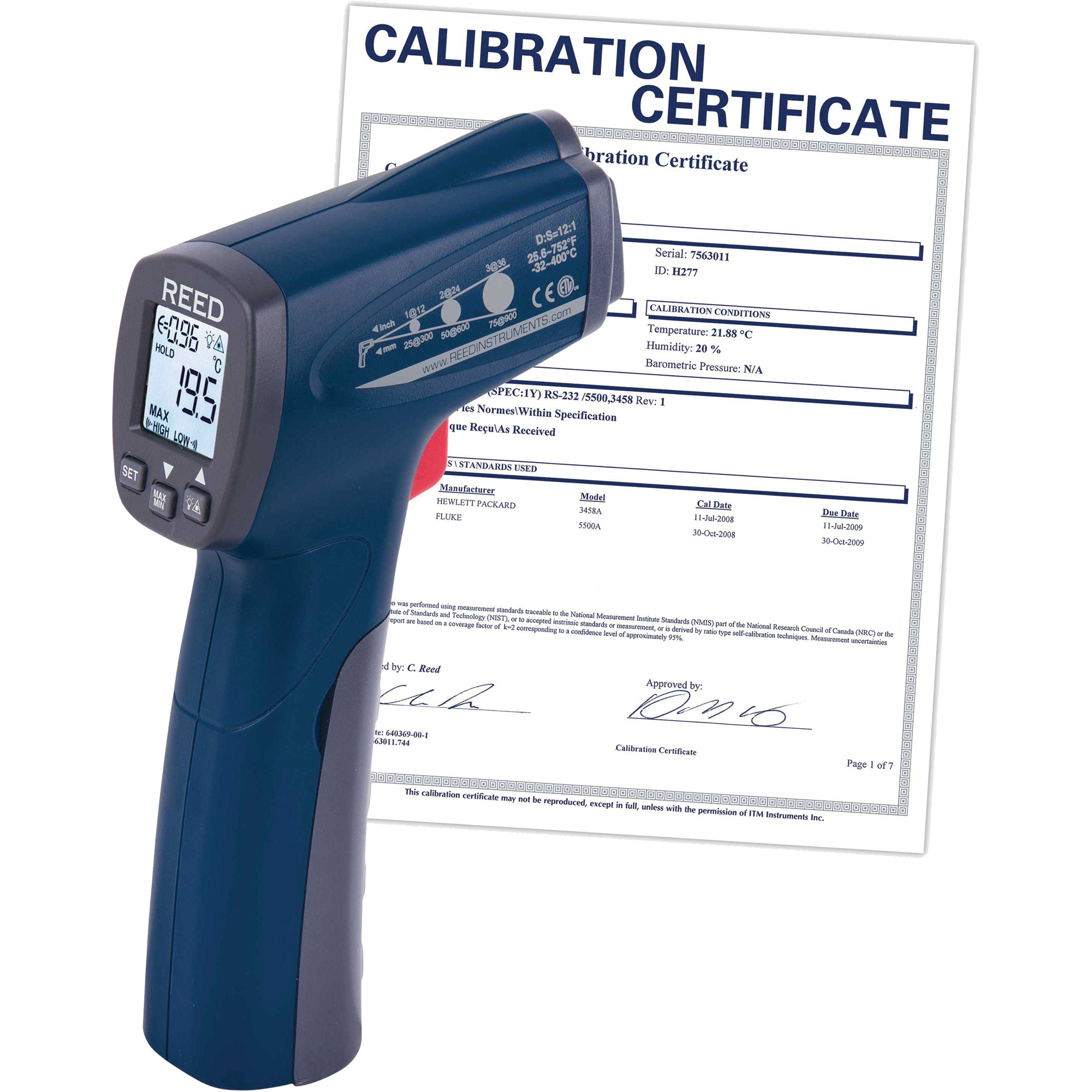 Thermomètre à infrarouge avec certificat ISO, -25,6°- 752° F ( -32° - 400° C ), 12:1, Émissivité Ajustable