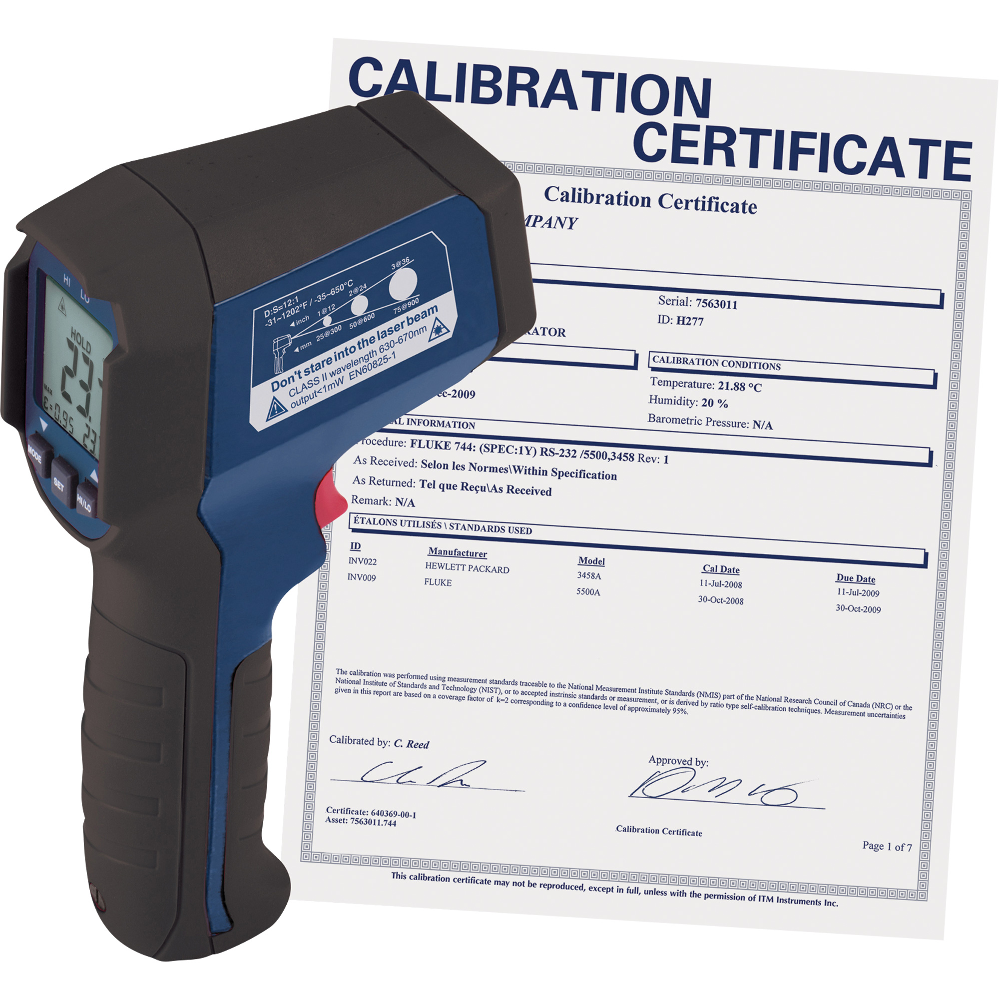 Thermomètre à infrarouge avec certificat ISO, -31°- 1202° F ( -35° - 650° C ), 12:1, Émissivité Ajustable