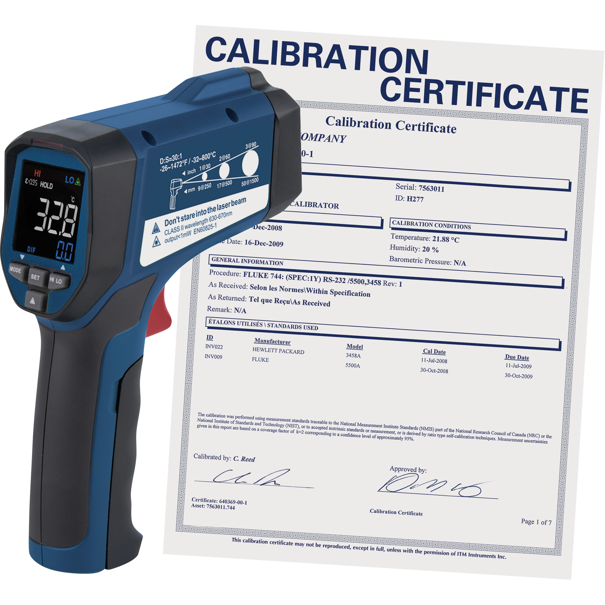 Thermomètre à infrarouge professionnel avec certificat ISO, -26 - 1472° F ( -32 - 800° C ), 30:1, Émissivité Ajustable