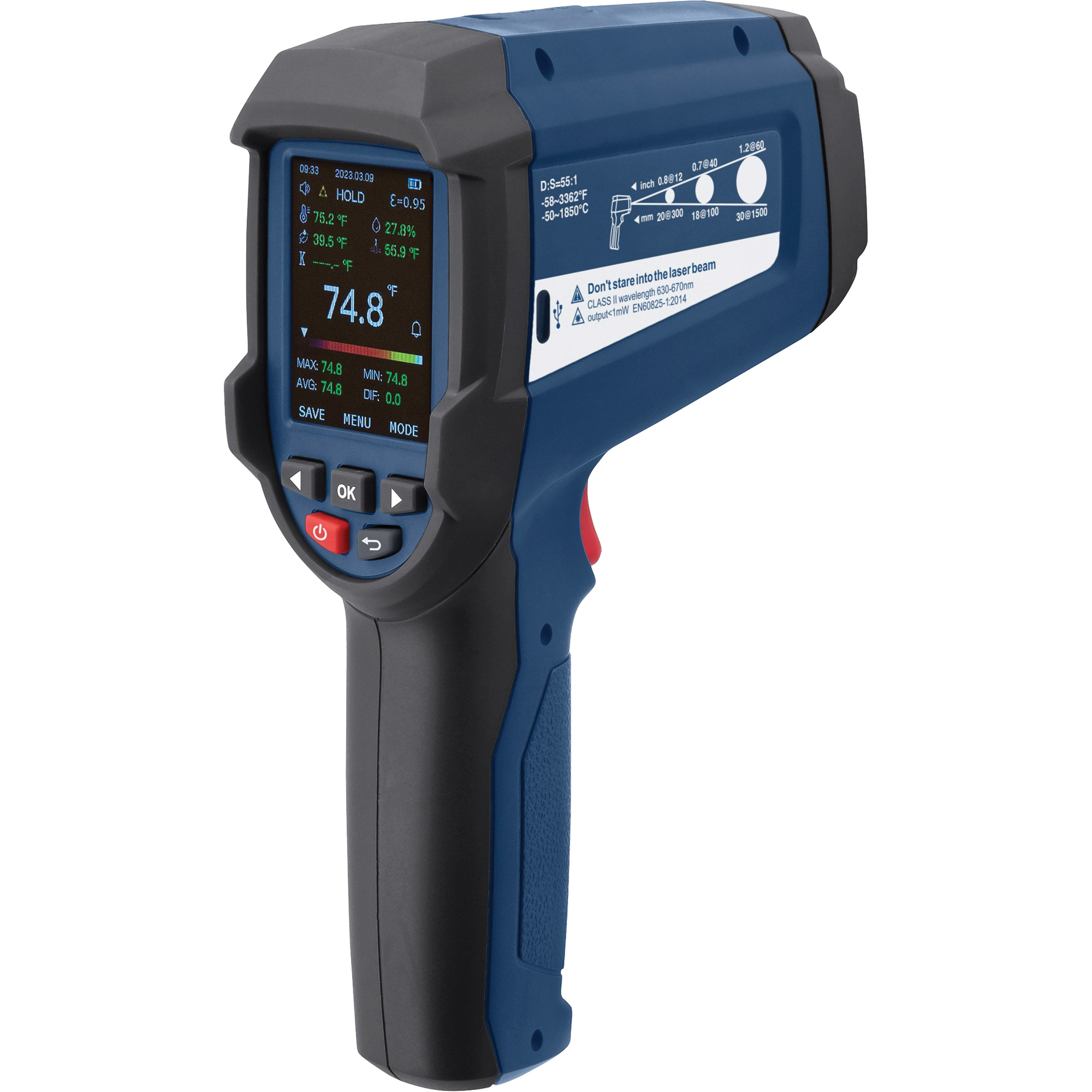 Thermomètre infrarouge professionnel avec thermocouple de type K intégré, -58 - 3362°F (-50 - 1850°C), 55:1, Émissivité Ajustable
