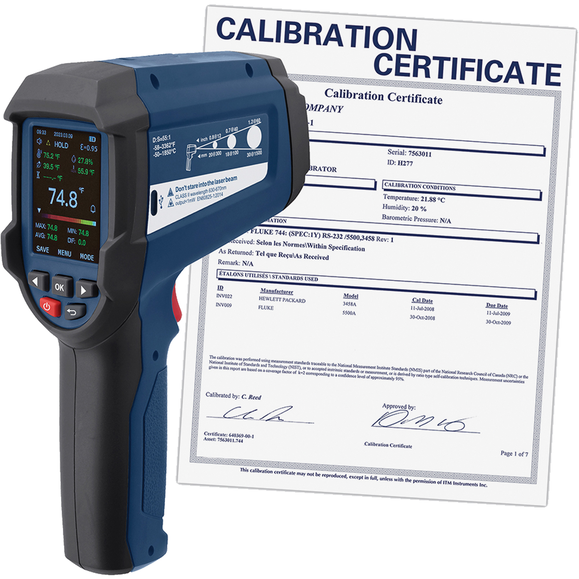Thermomètre infrarouge professionnel avec thermocouple de type K intégré et certificat d'étalonnage, -58 - 3362°F (-50 - 1850°C), 55:1, Émissivité Ajustable